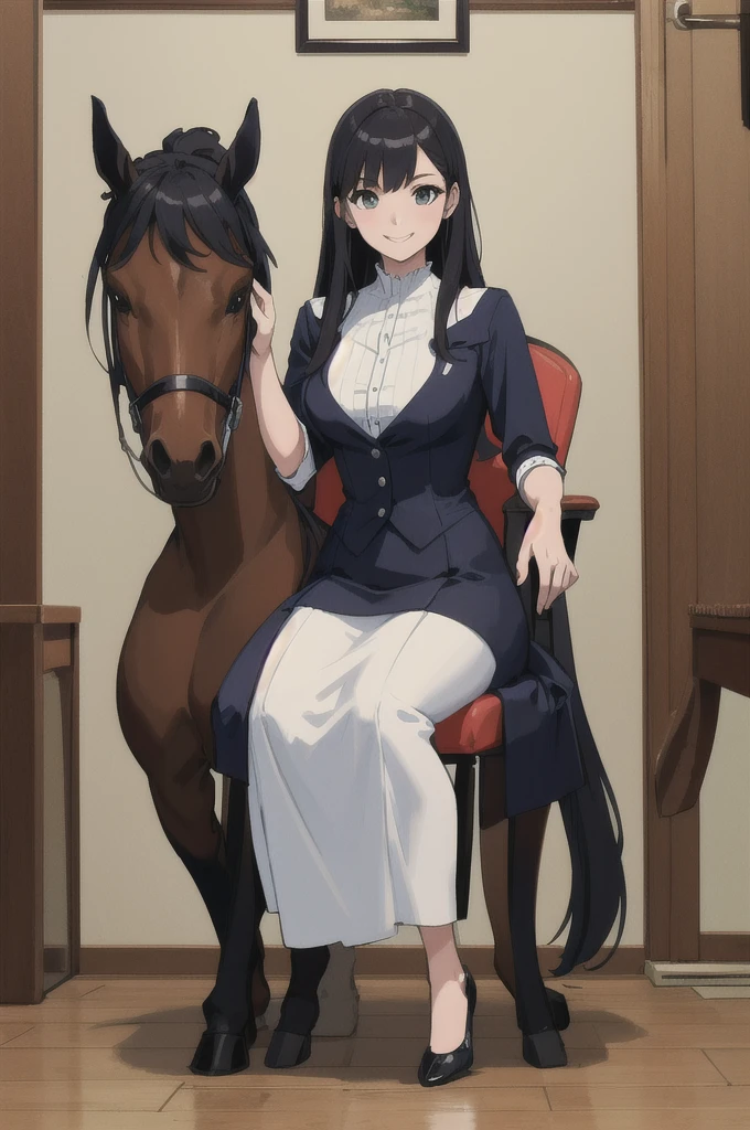 (masterpiece, Highest quality:1.2), alone, One girl, Big horse, smile, View your viewers, Sitting, Chair, Have, Horse&#39;s ears, vestige , Purple Shirt, Puff short sleeves, White Skirt, White knee socks, Horse tail, indoor, classroom 