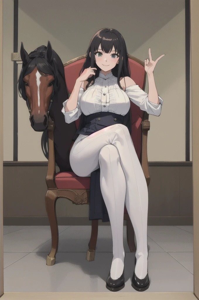 (masterpiece, Highest quality:1.2), alone, One girl, Big horse, smile, View your viewers, Sitting, Chair, Have, Horse&#39;s ears, vestige , Purple Shirt, Puff short sleeves, White Skirt, White knee socks, Horse tail, indoor, classroom 