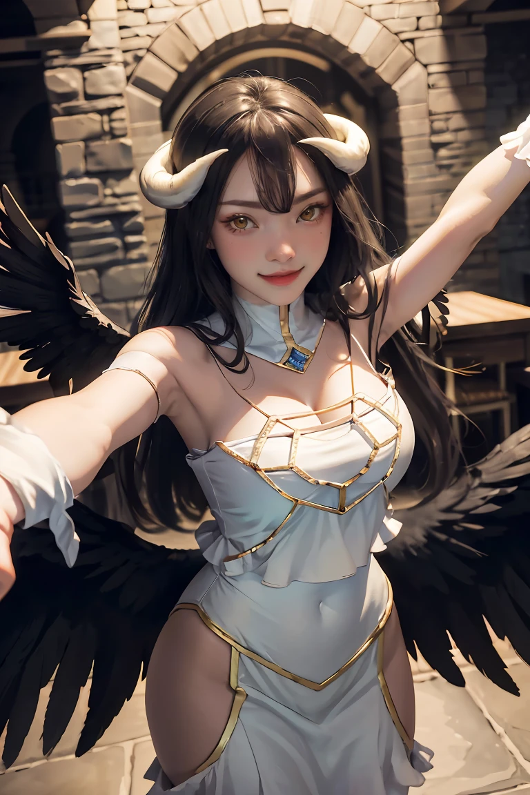 masterpiece, best quality, highres, al1, demon horns, slit pupils, white gloves, white dress, bare shoulders, detached collar, cleavage, black wings, feathered wings, low wings, cowboy shot, standing, dungeon, evil smile, reaching out, spread arms, outstretched arms,