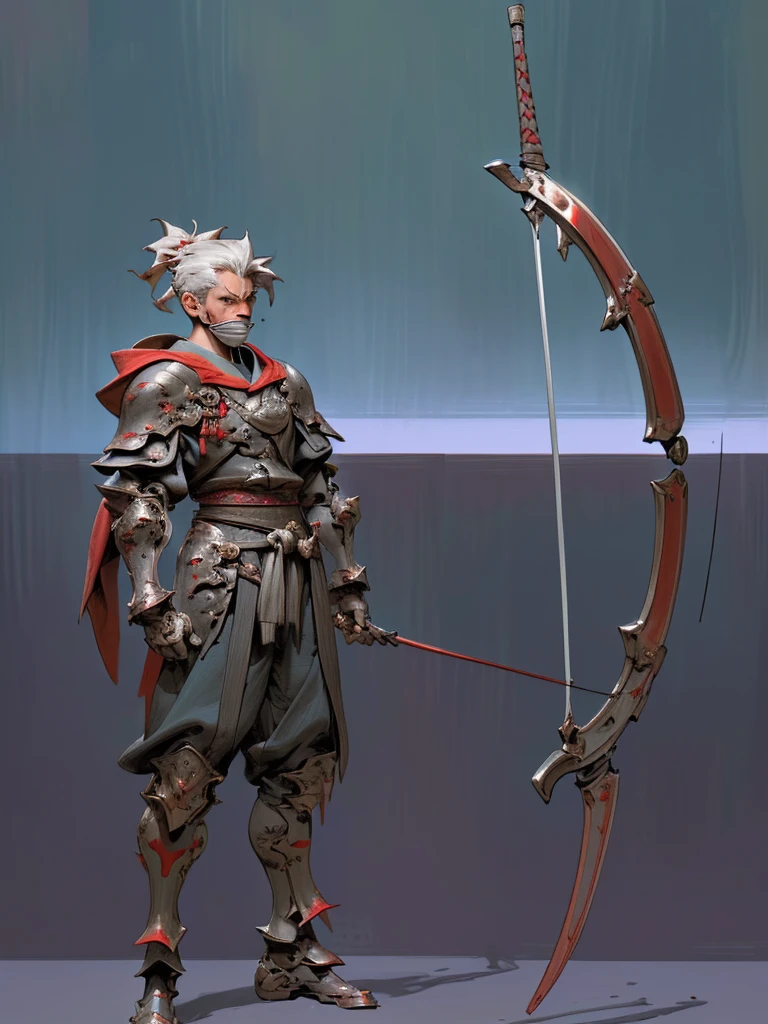 (masterpiece), best quality, high quality art, very detailed texture, super detailed picture high detail texture, high texture detail, super detailed render, hd detailed texture, 1man, standing, master piece, full body character concept, full body character design, full body concept art, Archer, face hidden by Hoodie shadow, Red armor, Red tattoo, swordman, detailed Armor, Archer, beside there is a Arrow, Red symbol, full Gray Armor japan, mask in mouth part