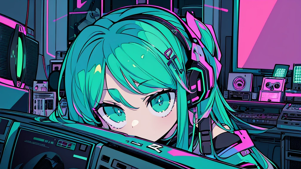 Best quality, (masterpiece), best detail face,1 girl, big breasts, 18 yo, 8k,absurdres,unity 8k wall paper,(extremely detailed:1.3), highest realistic, (retro headphones:), (soft neon light:), (psychedelic), Her room full of music equipment and records, sports wear , See the whole room , dark green color pallet