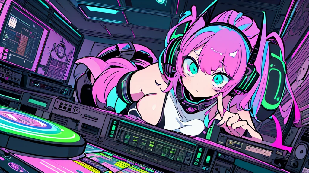 Best quality, (masterpiece), best detail face,1 girl, big breasts, 18 yo, 8k,absurdres,unity 8k wall paper,(extremely detailed:1.3), highest realistic, (retro headphones:), (soft neon light:), (psychedelic), Her room full of music equipment and records, sports wear , See the whole room , dark green color pallet