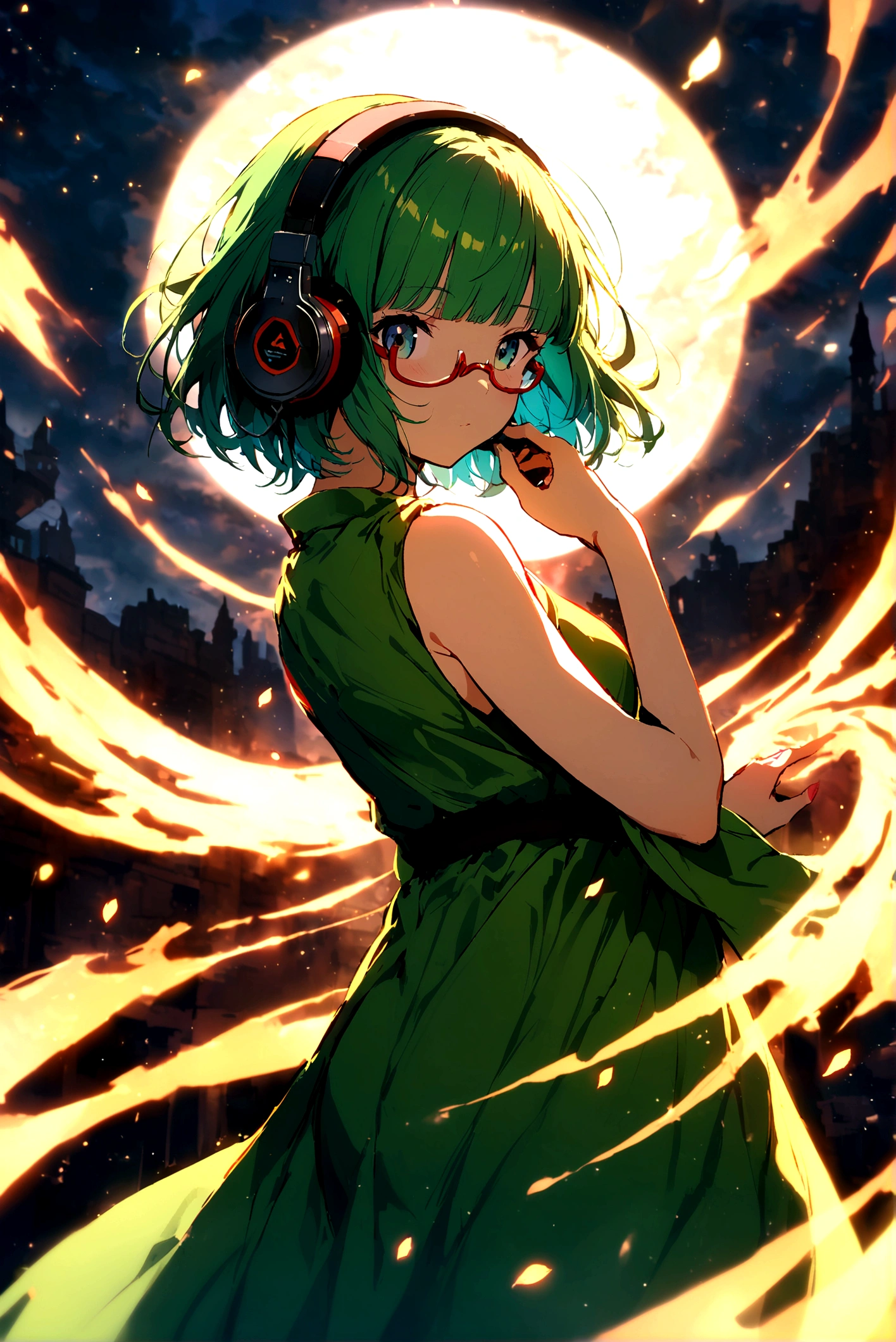 (extremely detailed fine touch:1.3), solo, (((semi-rimless eyewear:1.3))), (headphone:1.2), short hair, blunt bangs,bare arms,1 girl, green robe, standing,
A female archmage who thrusts her hand into the sky and releases a great spell of swirling wind, Motion-blur back ground,