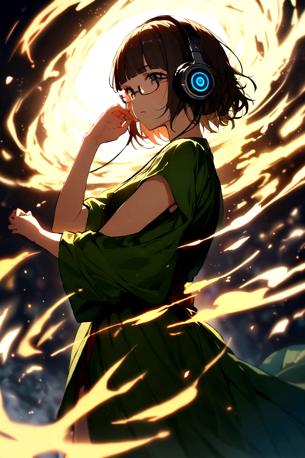 (extremely detailed fine touch:1.3), solo, (((semi-rimless eyewear:1.3))), (headphone:1.2), short hair, blunt bangs,bare arms,1 girl, green robe, standing,
A female archmage who thrusts her hand into the sky and releases a great spell of swirling wind, Motion-blur back ground,