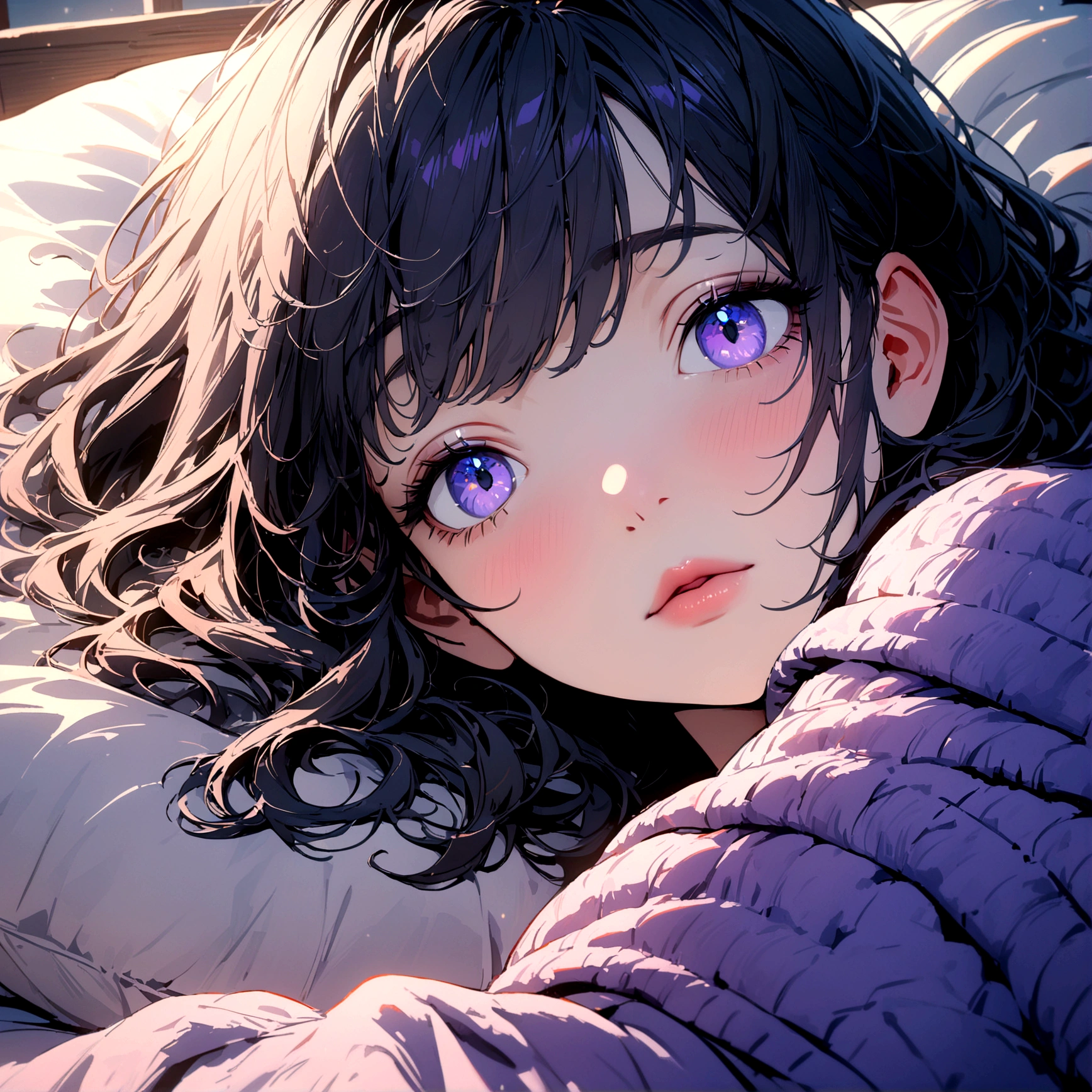 1girl with black short hair sleeping in a cozy bed, beautiful detailed eyes, beautiful detailed lips, extremely detailed face and features, long eyelashes, serene expression, (best quality, 4k, 8k, highres, masterpiece:1.2), ultra-detailed, soft colors, blue and purple color palette, dreamlike, cinematic composition