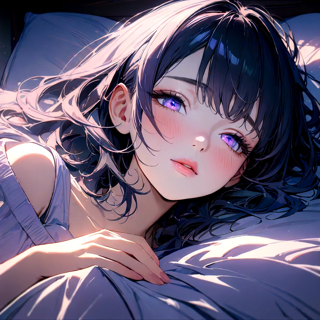1girl with black short hair sleeping in a cozy bed, beautiful detailed eyes, beautiful detailed lips, extremely detailed face and features, long eyelashes, serene expression, (best quality, 4k, 8k, highres, masterpiece:1.2), ultra-detailed, soft colors, blue and purple color palette, dreamlike, cinematic composition