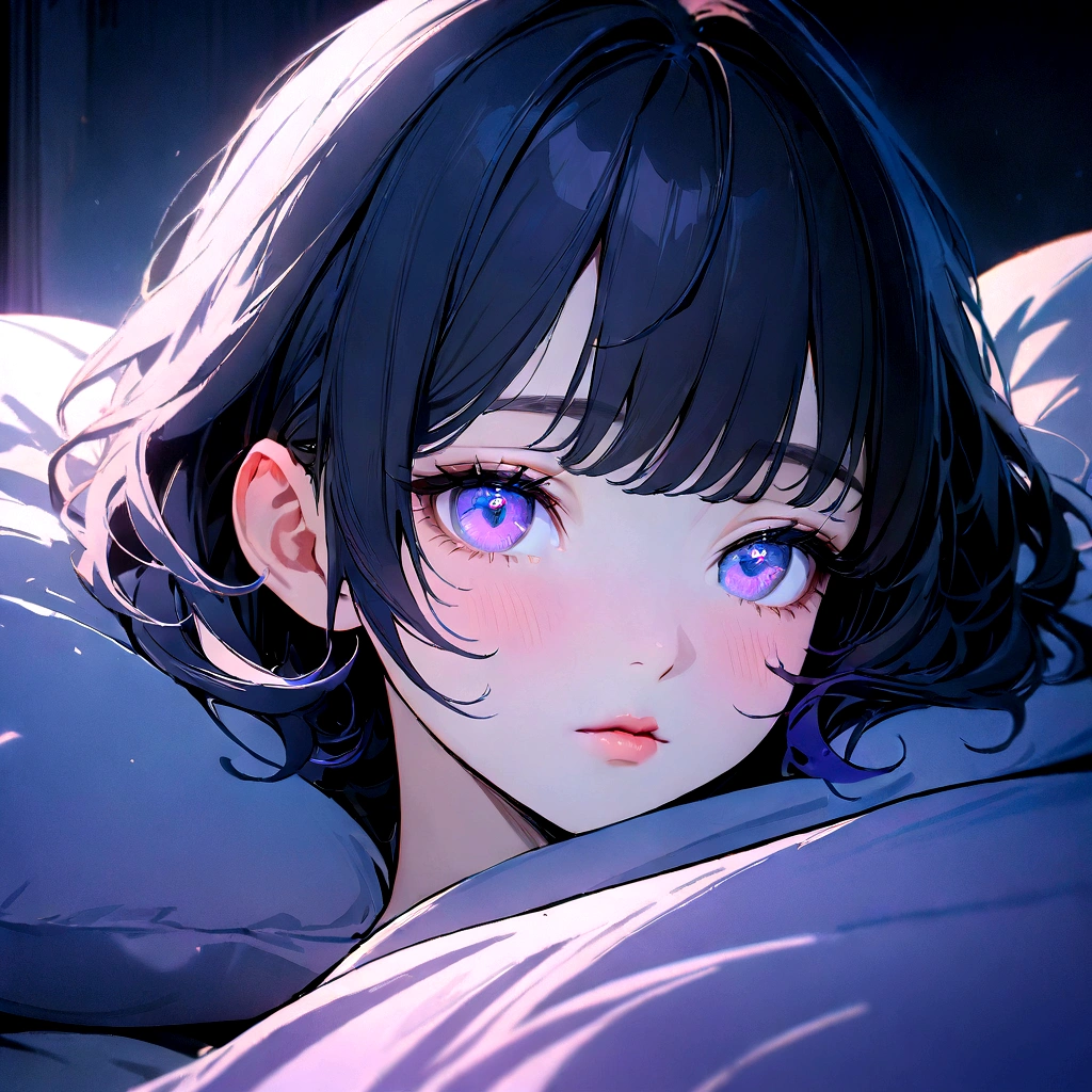 1girl with black short hair sleeping in a cozy bed, beautiful detailed eyes, beautiful detailed lips, extremely detailed face and features, long eyelashes, serene expression, (best quality, 4k, 8k, highres, masterpiece:1.2), ultra-detailed, soft colors, blue and purple color palette, dreamlike, cinematic composition