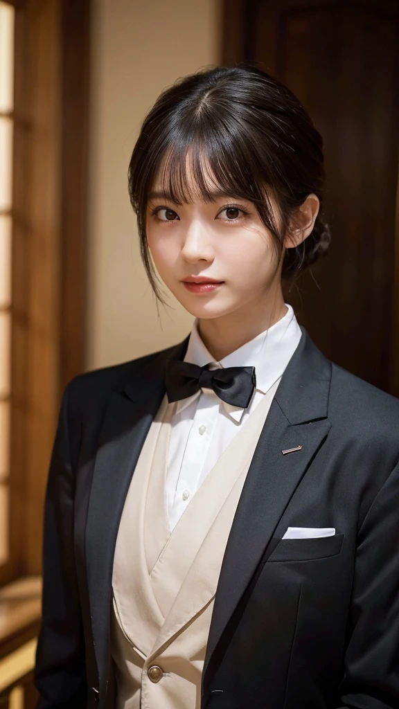 (highest quality,masterpiece:1.3,ultra high resolution),(Super detailed,caustics,8k),(photorealistic:1.4,RAW shooting),girl dressed as a butler,Japanese,Handsome guy,20-year-old,black hair short cut,looking at the camera,Inside a Western-style mansion,shot from the waist up,front,Warm light,professional writing