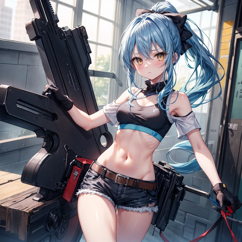 ((Highest quality)), ((masterpiece)), ((detailed)), (4K), a girl with blue hair and a top with short sleeves holding a screw driver, 1girl, 独奏, long hair, blue hair, navel, gloves, shorts, breasts, sweat, wrench, short shorts, very long hair, underwear, panties, holding, belt, arm up, ponytail, small breasts, blurry background, looking at viewer, black gloves, white panties, sports bra, wiping sweat, bow, bare shoulders, bangs, cowboy shot, yellow eyes, midriff, hair bow, expressionless