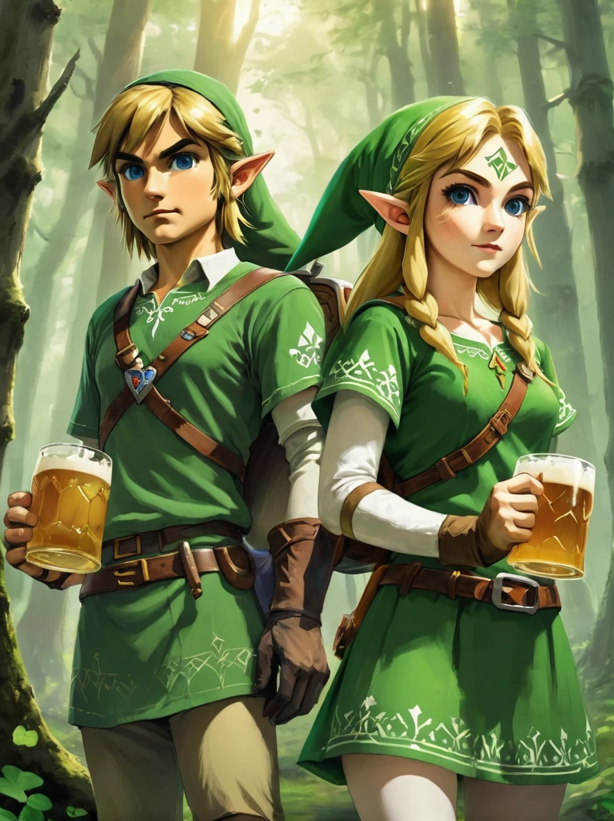 Still image in realistic art style，(link:1.5)，The Legend of Zelda Characters, (Male and female)Wearing various The Legend of Zelda game culture costumes，They hold beer mugs，Gathering in an ancient forest，There is food and drinks，Celebrate St. Patrick&#39;s Day，Shamrock，Perfect hands，Shooting from above，at night，Shallow depth of field，Vignette，Highly detailed，High Budget，Bokeh，Widescreen，Moody，epic，gorgeous，Film Grain，Graininess