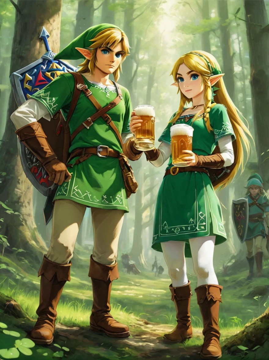 Still image in realistic art style，(link:1.5)，The Legend of Zelda Characters, (Male and female)Wearing various The Legend of Zelda game culture costumes，They hold beer mugs，Gathering in an ancient forest，There is food and drinks，Celebrate St. Patrick&#39;s Day，Shamrock，Perfect hands，Shooting from above，at night，Shallow depth of field，Vignette，Highly detailed，High Budget，Bokeh，Widescreen，Moody，epic，gorgeous，Film Grain，Graininess