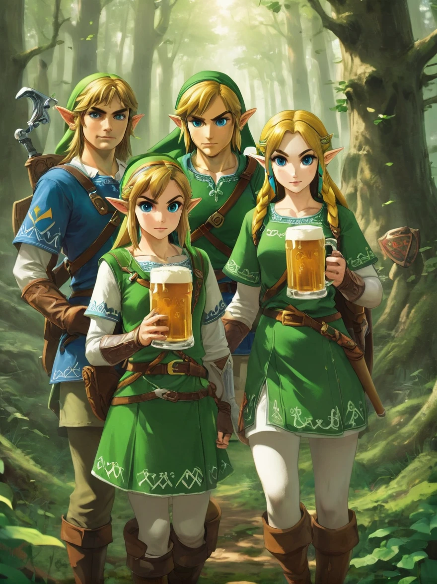 Still image in realistic art style，(link:1.5)，The Legend of Zelda Characters, (Male and female)Wearing various The Legend of Zelda game culture costumes，They hold beer mugs，Gathering in an ancient forest，There is food and drinks，Celebrate St. Patrick&#39;s Day，Shamrock，Perfect hands，Shooting from above，at night，Shallow depth of field，Vignette，Highly detailed，High Budget，Bokeh，Widescreen，Moody，epic，gorgeous，Film Grain，Graininess