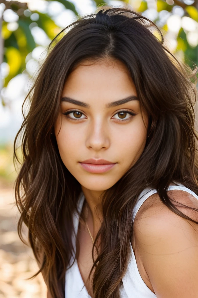 a photorealistic portrait of a 21-year-old Brazilian girl with long flowing brown hair, striking brown eyes and long eyelashes, and a slightly but not overly tanned Latino complexion. a photorealistic portrait of a 21 year old Brazilian girl with long, flowing brown hair, slightly full lips, lightly defined cheeks, striking light brown eyes and long eyelashes, and a slightly but not overly tanned Latino complexion. She must have beautiful and fine facial features. It should have a natural and accessible expression and be lit by the soft golden light of the sun. The background should be a picturesque outdoor setting, perhaps a sunny park or beach. Capture this image with high-resolution photography using an 85mm lens for a flattering perspective.