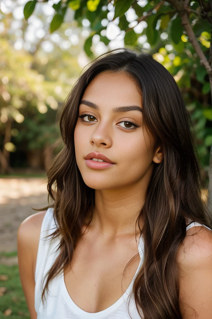 a photorealistic portrait of a 21-year-old Brazilian girl with long flowing brown hair, striking brown eyes and long eyelashes, and a slightly but not overly tanned Latino complexion. a photorealistic portrait of a 21 year old Brazilian girl with long, flowing brown hair, slightly full lips, lightly defined cheeks, striking light brown eyes and long eyelashes, and a slightly but not overly tanned Latino complexion. She must have beautiful and fine facial features. It should have a natural and accessible expression and be lit by the soft golden light of the sun. The background should be a picturesque outdoor setting, perhaps a sunny park or beach. Capture this image with high-resolution photography using an 85mm lens for a flattering perspective.