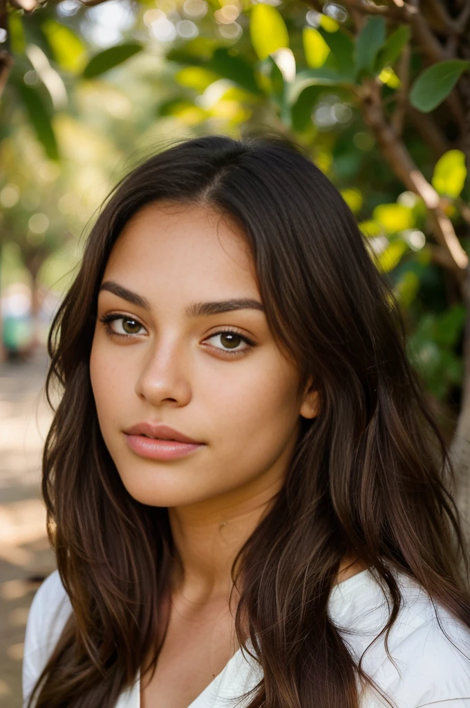 a photorealistic portrait of a 21-year-old Brazilian girl with long flowing brown hair, striking brown eyes and long eyelashes, and a slightly but not overly tanned Latino complexion. a photorealistic portrait of a 21 year old Brazilian girl with long, flowing brown hair, slightly full lips, lightly defined cheeks, striking light brown eyes and long eyelashes, and a slightly but not overly tanned Latino complexion. She must have beautiful and fine facial features. It should have a natural and accessible expression and be lit by the soft golden light of the sun. The background should be a picturesque outdoor setting, perhaps a sunny park or beach. Capture this image with high-resolution photography using an 85mm lens for a flattering perspective.
