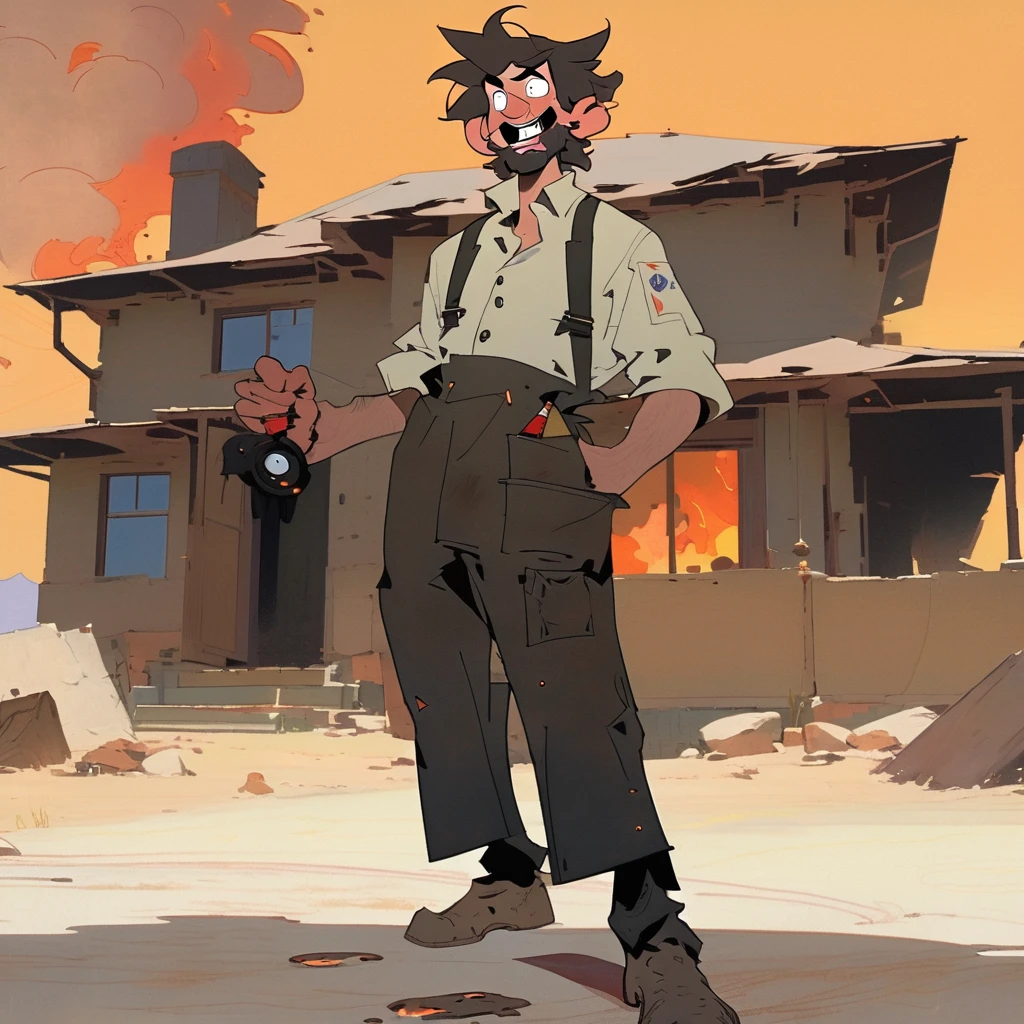 1man, Western, black wavy Messy hair, burnt hair, Leather apron, White button-down shirt, black pants patched, Failed beard, young adult, Thin, full body, Holding a Dynamite bomb, outside a house in the desert, Dirty with soot, Laughing, explosives, dynamite, Hunchback