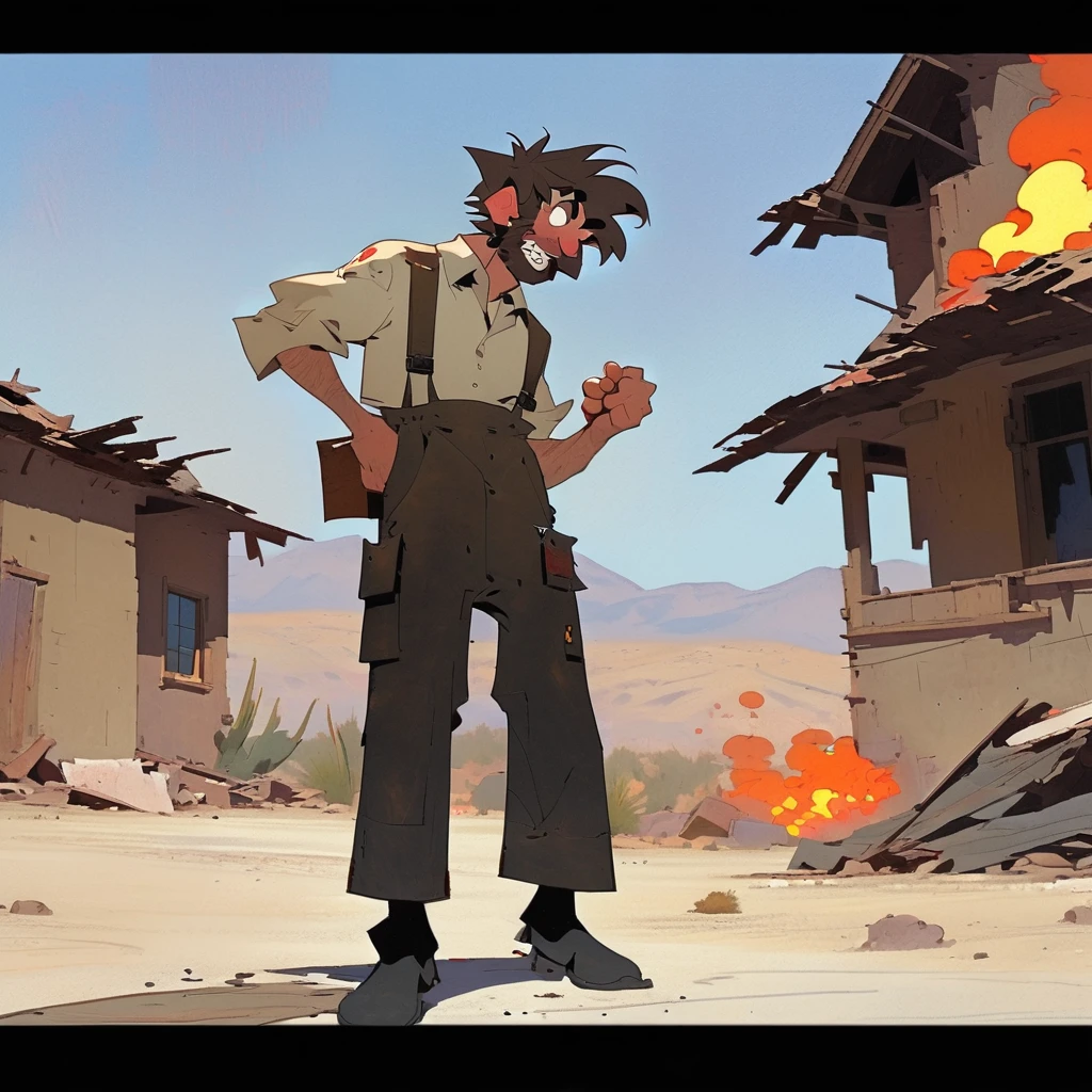 1man, Western, black wavy Messy hair, burnt hair, Leather apron, White button-down shirt, black pants patched, Failed beard, young adult, Thin, full body, Holding a Dynamite bomb, outside a house in the desert, Dirty with soot, Laughing, explosives, dynamite, Hunchback 