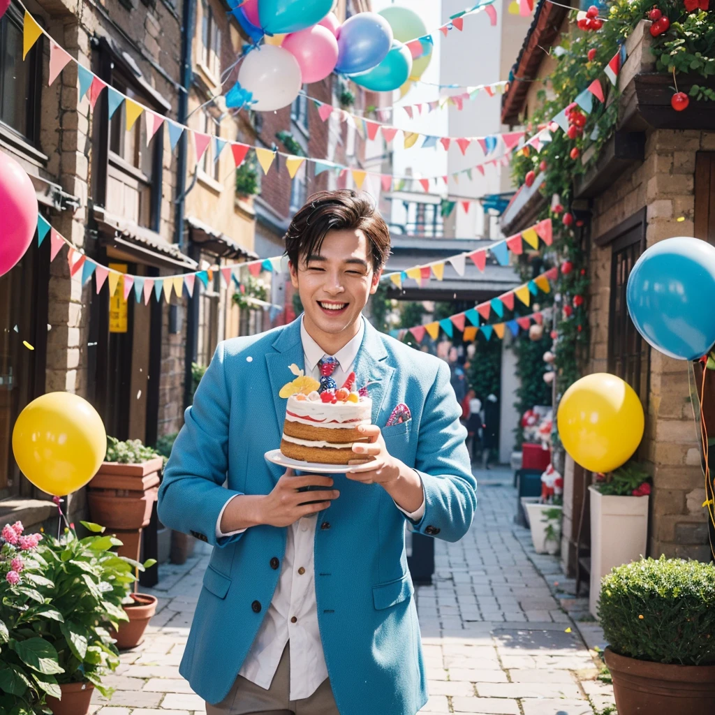 Create a creative and imaginative image of a kind-looking consul man wearing blue clothes and holding a birthday cake. Set him in an unconventional and whimsical setting, such as a magical garden with floating candles and colorful confetti raining down, or a fantastical realm where cakes are giant and candles dance with music. Infuse the image with elements of wonder and celebration, showcasing his role as a bringer of joy and connection.Surround the kind-looking consul man with a vibrant and lively background, such as a festive party scene with balloons, streamers, and joyful guests celebrating. Enhance the atmosphere with bright colors and dynamic elements that symbolize happiness and festivity, creating a visually striking and joyful image.