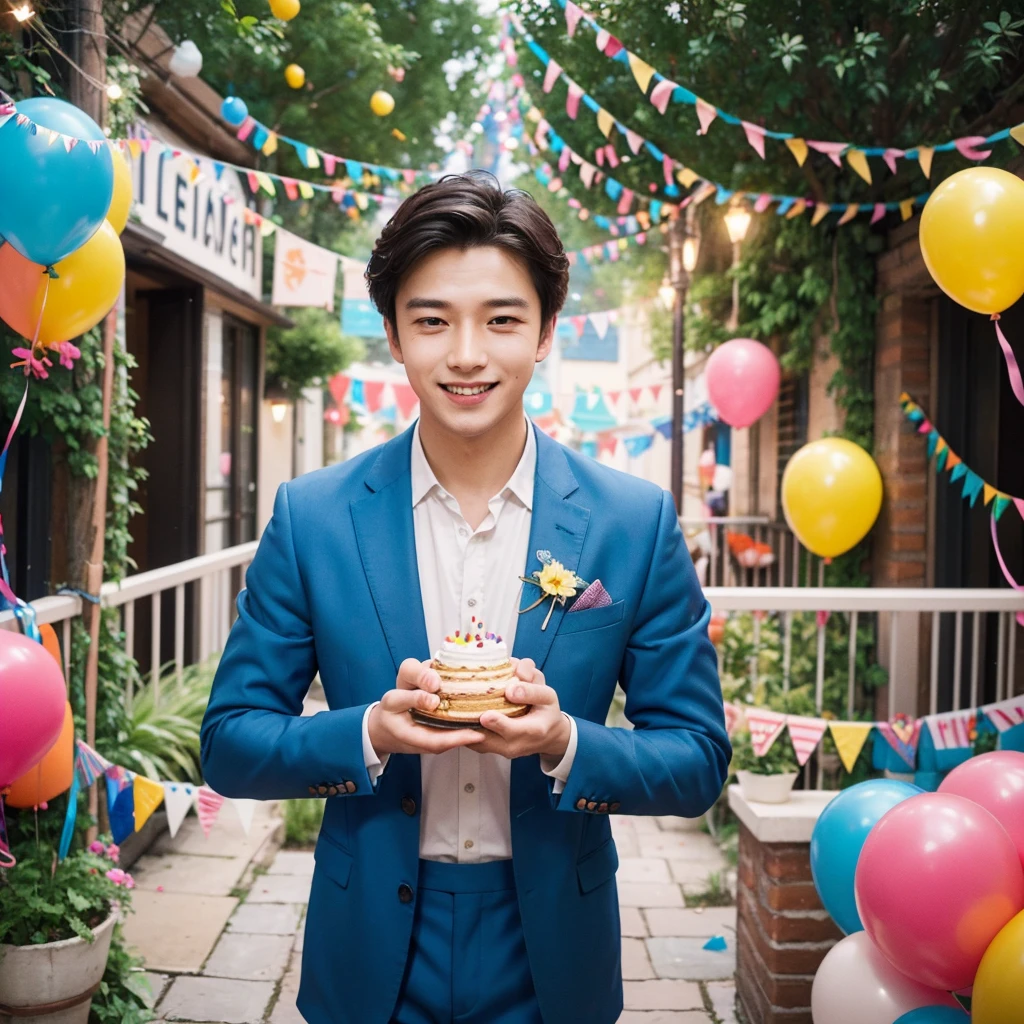 Create a creative and imaginative image of a kind-looking consul man wearing blue clothes and holding a birthday cake. Set him in an unconventional and whimsical setting, such as a magical garden with floating candles and colorful confetti raining down, or a fantastical realm where cakes are giant and candles dance with music. Infuse the image with elements of wonder and celebration, showcasing his role as a bringer of joy and connection.Surround the kind-looking consul man with a vibrant and lively background, such as a festive party scene with balloons, streamers, and joyful guests celebrating. Enhance the atmosphere with bright colors and dynamic elements that symbolize happiness and festivity, creating a visually striking and joyful image.