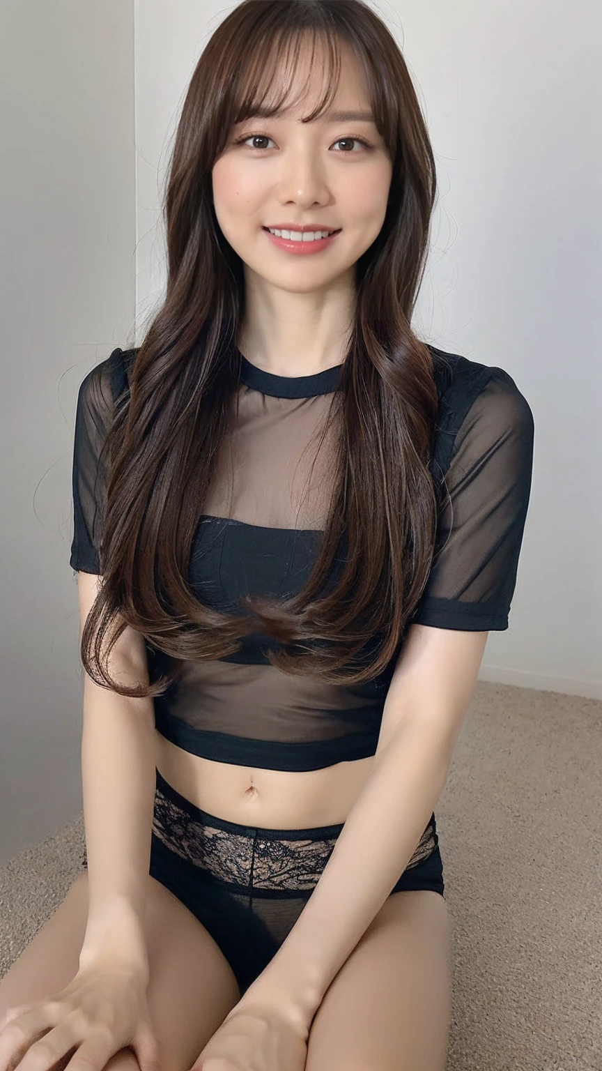 (8K, Highest quality, masterpiece: 1.2), (Realistic, photoRealistic: 1.37), Very detailed, 30 year old single woman, cute, alone, Midnight, Beautiful and detailed sky, Sitting,  (smile), 、Beautiful little eyes, Floating Hair NovaFrogStyle, Dark Sky,In the panties、fog、Perfect body、respectable physique