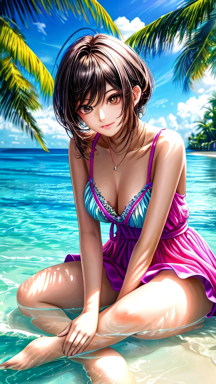 (Best lighting, Best Shadow, masterpiece, high quality), colorful, Vibrant, Summer mood, lots of bright colors, Beautiful woman in light summer clothes, Hair loss, Sit on the clear water and white sand, Bright blue sky. masterpiece, 最high quality, high quality, High resolution, sexly,