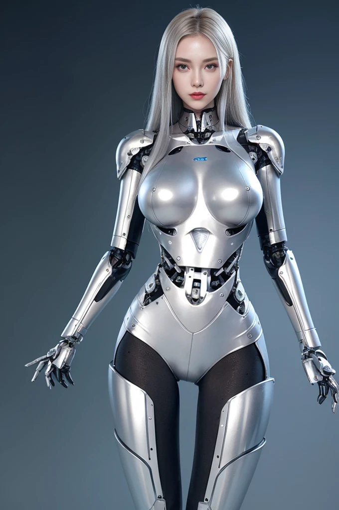 female robot, skin part is only face, silver metal skin, full metal robot body, mechanical parts, electronic wire, cum in pussy, high quality, medium breasts, long hair, tall, thigh gap, full body metal skin, wet, cum in pussy, metallic tits, separated breast, under repair, anatomical body, unreal engine