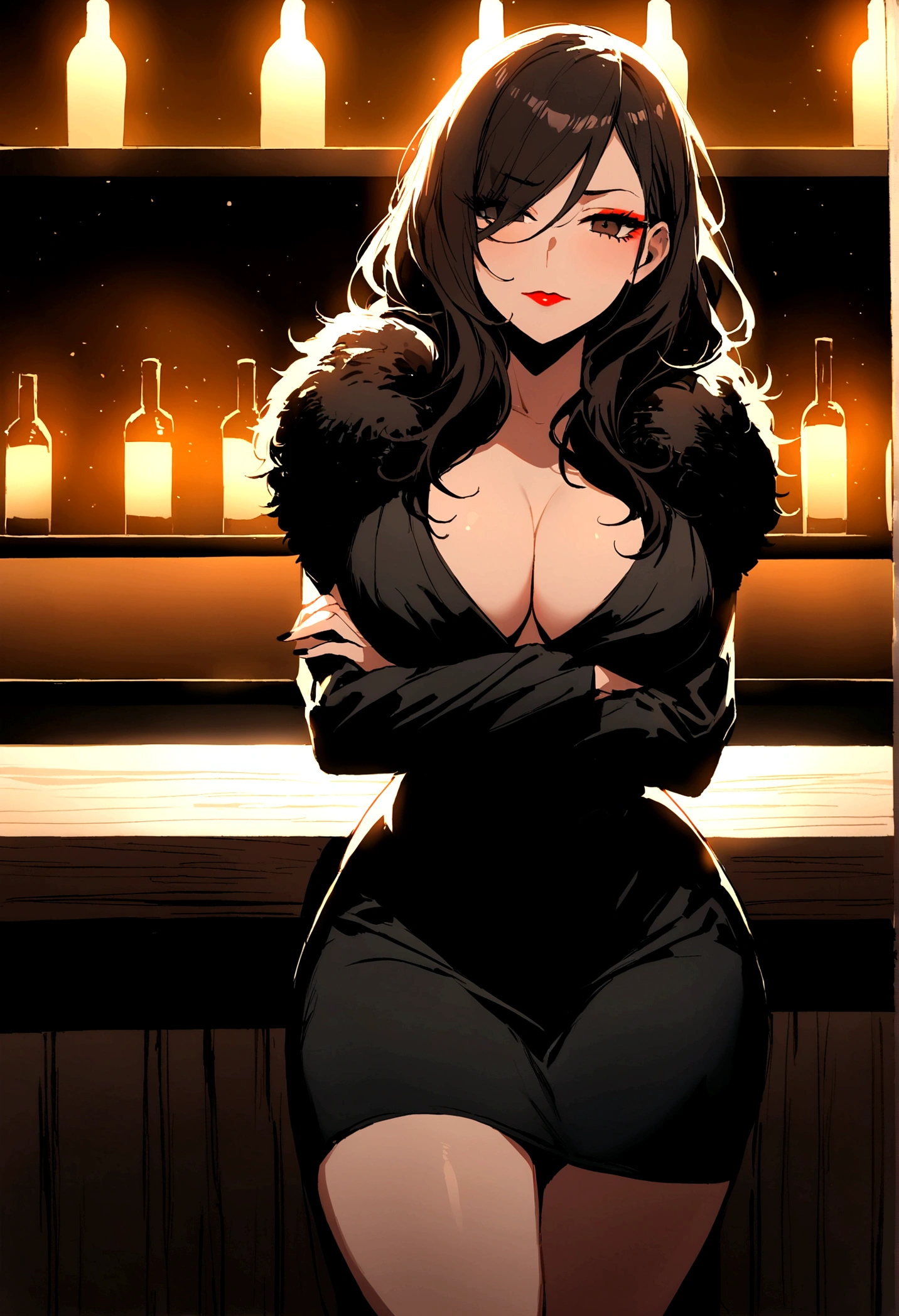 At a bar, dim lighting, focus on a woman. She is tall, beautiful, mature, with long, dark, luscious hair. Brown eyes, black eye liner and red lipstick, very minimal makeup. She is leaning against the bar counter with her arms crossed, looking at POV with a faint smile. She has an intimidating face, yet it is absolutely entrancing. She is wearing a black fuzzy jacket and a black low cut dress, subtly revealing her curvy body.