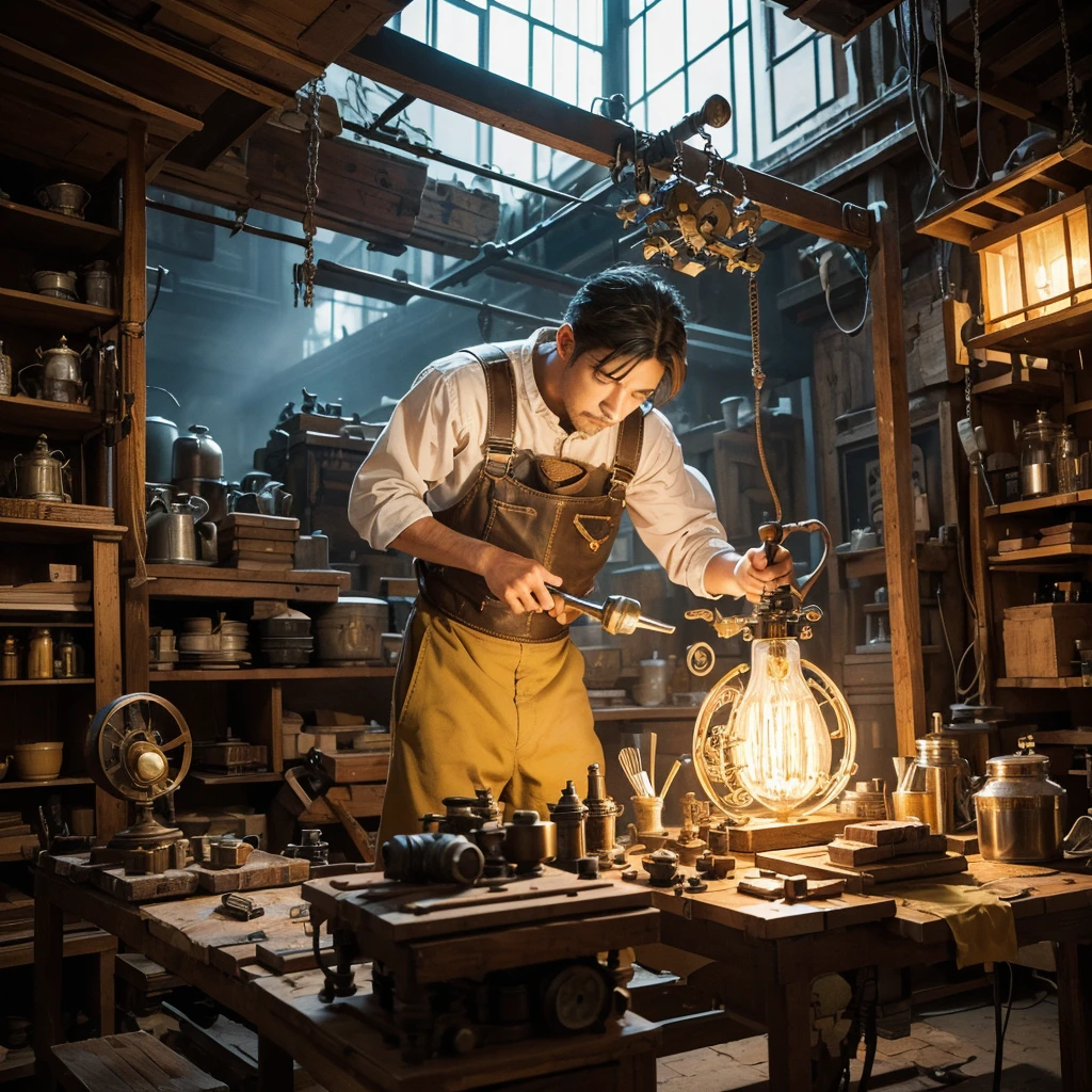 Create a creative and imaginative image of a master craftsman wearing yellow work clothes and proficiently using various tools. Set him in an unconventional and fantastical workshop, such as a steampunk-inspired studio with intricate gears and mechanical wonders, or a magical realm where tools come to life with enchanting powers. Infuse the image with elements of innovation and creativity, showcasing his expertise in a unique and captivating environment. Capture the spirit of craftsmanship and imagination, creating a visually striking and imaginative scene.