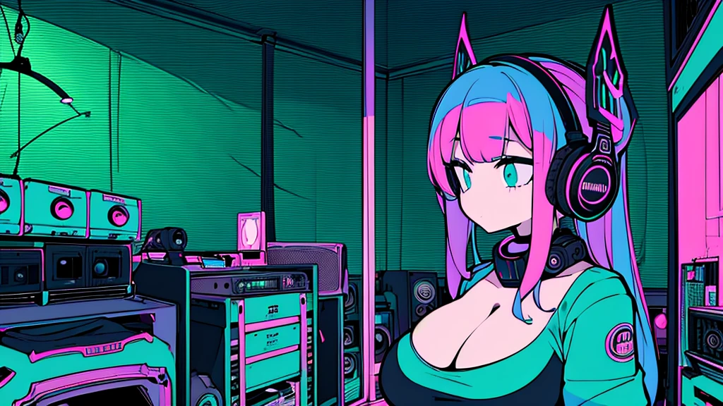 Best quality, (masterpiece), best detail face,1 girl, big breasts, 18 yo, 8k,absurdres,unity 8k wall paper,(extremely detailed:1.3), highest realistic, (retro headphones:), (soft neon light:), (psychedelic), Her room full of music equipment and records, sports wear , See the whole room , dark green color pallet