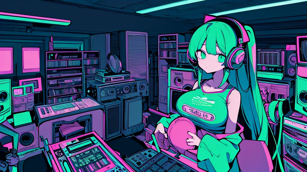 Best quality, (masterpiece), best detail face,1 girl, big breasts, 18 yo, 8k,absurdres,unity 8k wall paper,(extremely detailed:1.3), highest realistic, (retro headphones:), (soft neon light:), (psychedelic), Her room full of music equipment and records, sports wear , See the whole room , dark green color pallet