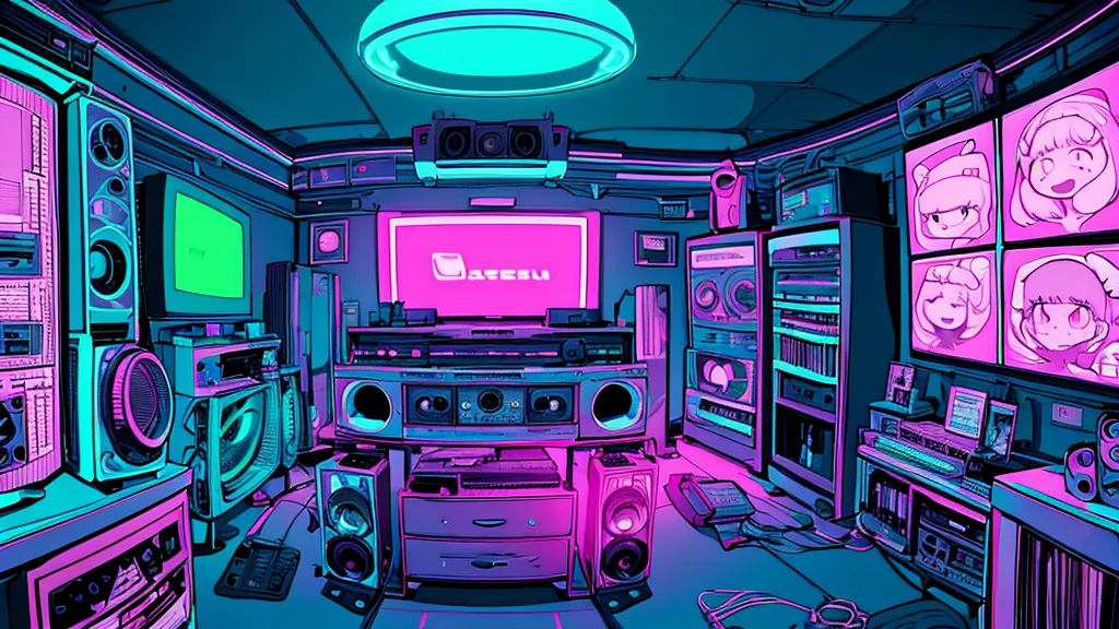 Best quality, (masterpiece), best detail face,1 girl, big breasts, 18 yo, 8k,absurdres,unity 8k wall paper,(extremely detailed:1.3), highest realistic, (retro headphones:), (soft neon light:), (psychedelic), Her room full of music equipment and records, sports wear , See the whole room , dark green color pallet
