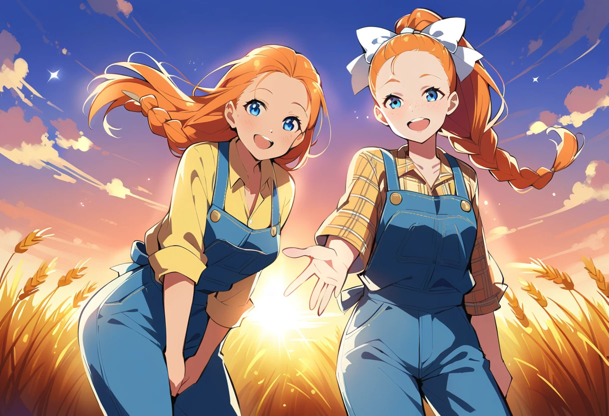 pewarnaan character, visual illustration, @ANN, ann \(harvest moon\), ran \(bokujou monogatari\), aged up, 1girl, ponytail, braid, braided ponytail, single braid, forehead, solo, (overalls), outdoors, sky, wheat, field, (blue overalls), smile, blue eyes, wheat field, looking at viewer, breasts, long sleeves, yellow shirt, orange hair, blonde hair, cowboy shot, collarbone, collared shirt, cleavage, denim, upper teeth only, medium breasts, standing, teeth, oversized clothes, long hair, partially unbuttoned, pants, oversized shirt, buttons, head tilt, flat chest, hair bow, white bow, tomboy, round teeth, plaid shirt, denim overalls, mature female, tall, tall female, slim body, freckles, twilight, cloudy sky, scenery, reaching, grass, floating braid, sunset, cloud, scenery, jeans, bow, hair ribbon, sparkle, sunbeam, light rays, highres, 4k, 8k