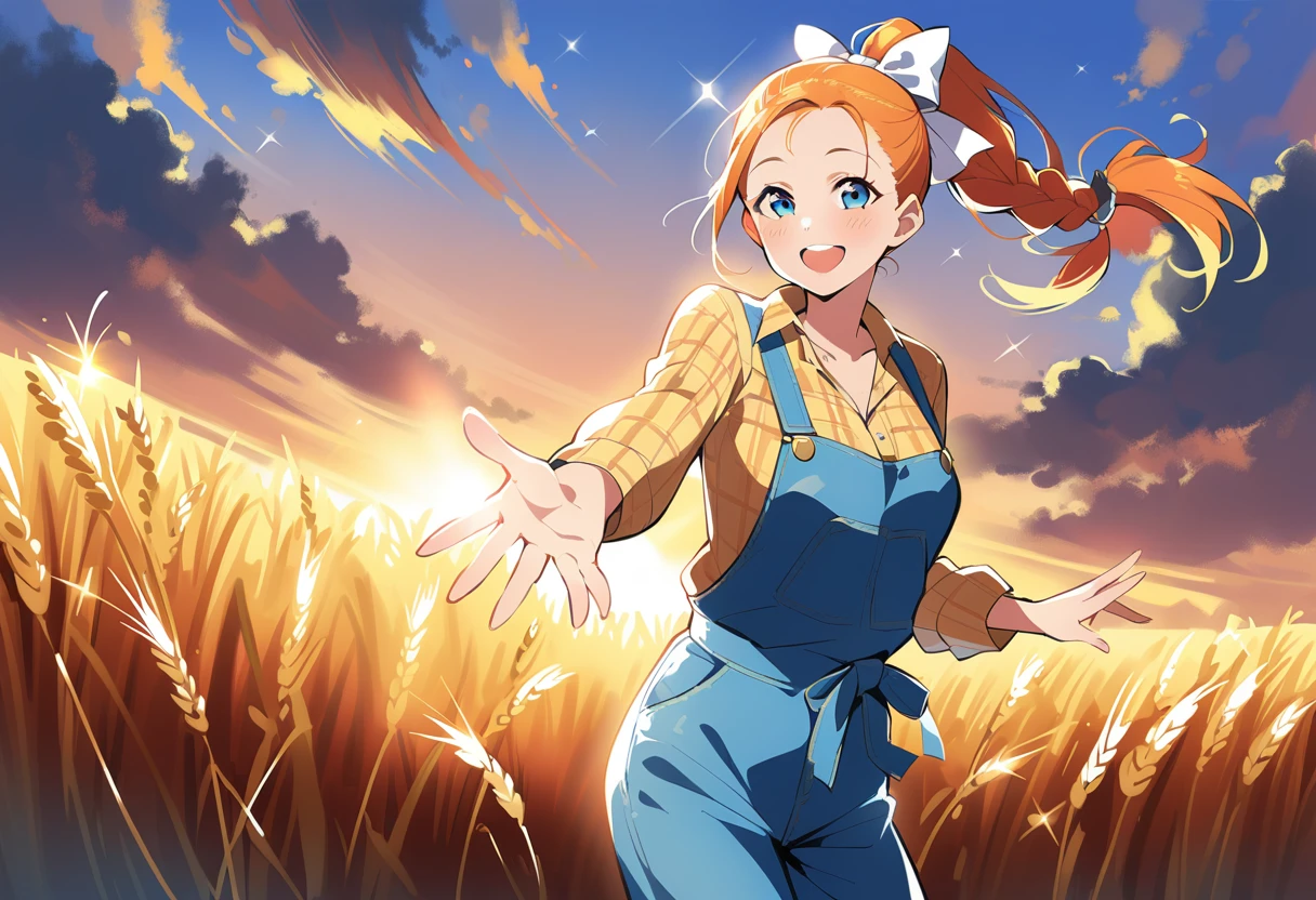 pewarnaan character, visual illustration, @ANN, ann \(harvest moon\), ran \(bokujou monogatari\), aged up, 1girl, ponytail, braid, braided ponytail, single braid, forehead, solo, (overalls), outdoors, sky, wheat, field, (blue overalls), smile, blue eyes, wheat field, looking at viewer, breasts, long sleeves, yellow shirt, orange hair, blonde hair, cowboy shot, collarbone, collared shirt, cleavage, denim, upper teeth only, medium breasts, standing, teeth, oversized clothes, long hair, partially unbuttoned, pants, oversized shirt, buttons, head tilt, flat chest, hair bow, white bow, tomboy, round teeth, plaid shirt, denim overalls, mature female, tall, tall female, slim body, freckles, twilight, cloudy sky, scenery, reaching, grass, floating braid, sunset, cloud, scenery, jeans, bow, hair ribbon, sparkle, sunbeam, light rays, highres, 4k, 8k