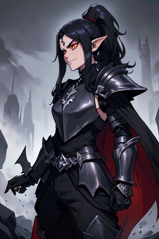 male, black long hair in ponytail, orange eyes, dark elf, dark skin, pointed ears, (((1boyl))), (((black metal armor))), (black metal clawed gauntlets), (black metal boots), (black metal shoulder guards), (black metal hip guards), (black metal helm), (red cape), (purple pants), (black broadsword), long legs, smiling, handsome