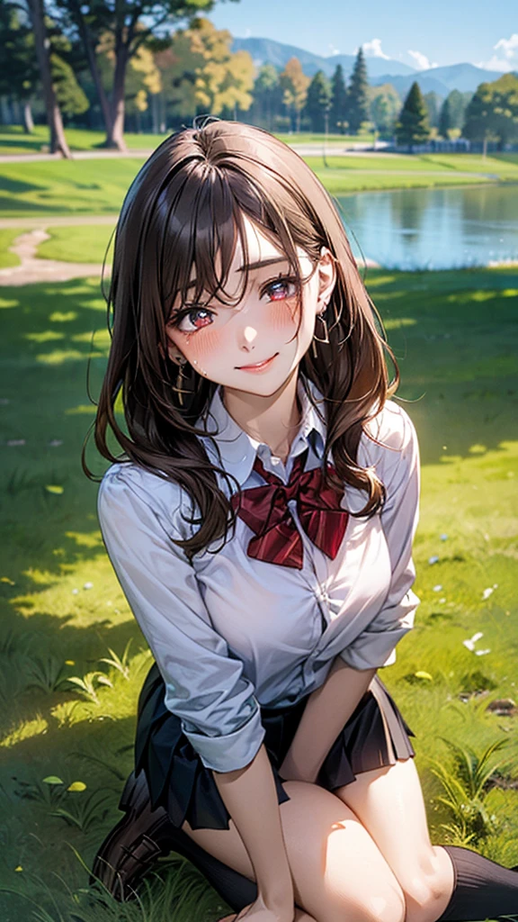 (masterpiece:1.2, top-quality), (realistic, photorealistic:1.4), beautiful illustration, (natural side lighting, movie lighting), 
looking at viewer, cowboy shot, front view:0.6, 1 girl, japanese, high school girl, perfect face, cute and symmetrical face, shiny skin, 
(long hair:1.8, straight hair:1.7, light brown hair), parted bangs, emerald green eyes, long eye lasher, (large breasts:0.9, thick thighs), 
beautiful hair, beautiful face, beautiful detailed eyes, beautiful clavicle, beautiful body, beautiful chest, beautiful thigh, beautiful legs, beautiful fingers, 
((, white collared shirts, black pleated mini skirt, black socks, brown loafers, red bow tie)), break, hoop ring earrings, pink panties, dark blue violet cardigan, break,
(beautiful scenery), evening, riverside, walking, hands on chest, (lovely smile, upper eyes), 
shirt, mini tight skirt. On all fours in a grassy field, a dog hugs the woman's back.
Woman's face, bright red, flushed,One large dog on all fours, a girl, on all fours in a grassy meadow, the dog is holding the woman from behind, close to her waist, and mating with her.

In a grassy field, a woman is lying on her back, hugging a large dog. The woman's face is flushed bright red, her eyes are closed, her mouth is open, and she cries out,