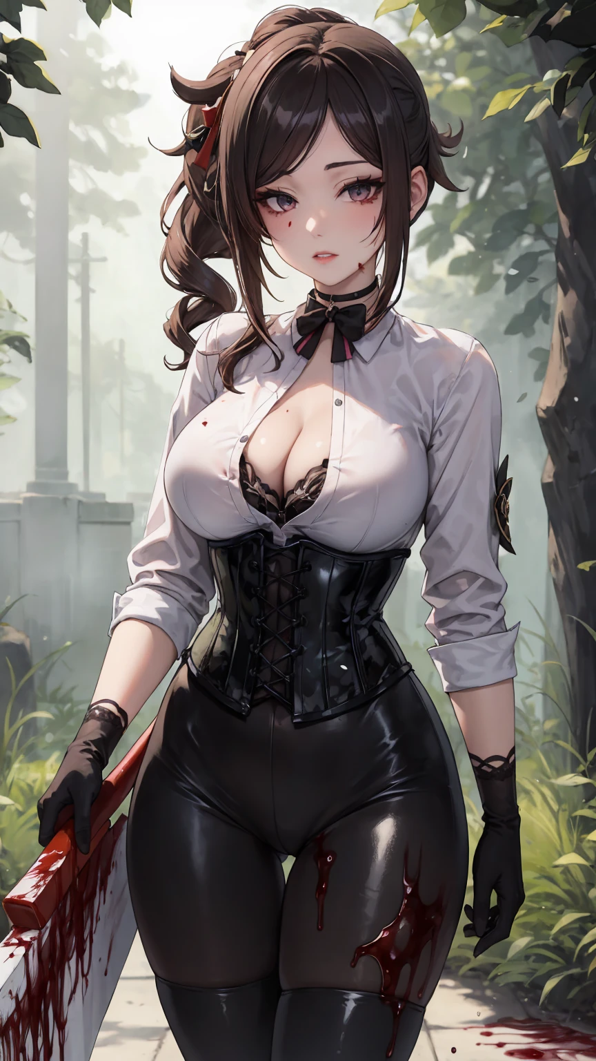 ((blood droplets)), ((blood)), ((blood splatter)), ((blood on clothes)), ((blood stain)), Masterpiece, Beautiful art, professional artist, 8k, Very detailed face, Detailed clothing, detailed fabric, 1 girl, Chiori \(genshin impact\), standing, perfectly drawn body, big breasts, shy expression, pale skin, beautiful face, long black hair, Blue eyes, very detailed eyes, pink cheeks, choker:1.6, (white collar button down long sleeve shirt), black gloves, gloves that cover hands, (holds an ax with his right hand), (black leather corset), (shiny black leggings), Sensual Lips , evening de invierno, show details in the eyes, looking at the viewer, Dark road, dark forest, evening, Atmosphere, fog