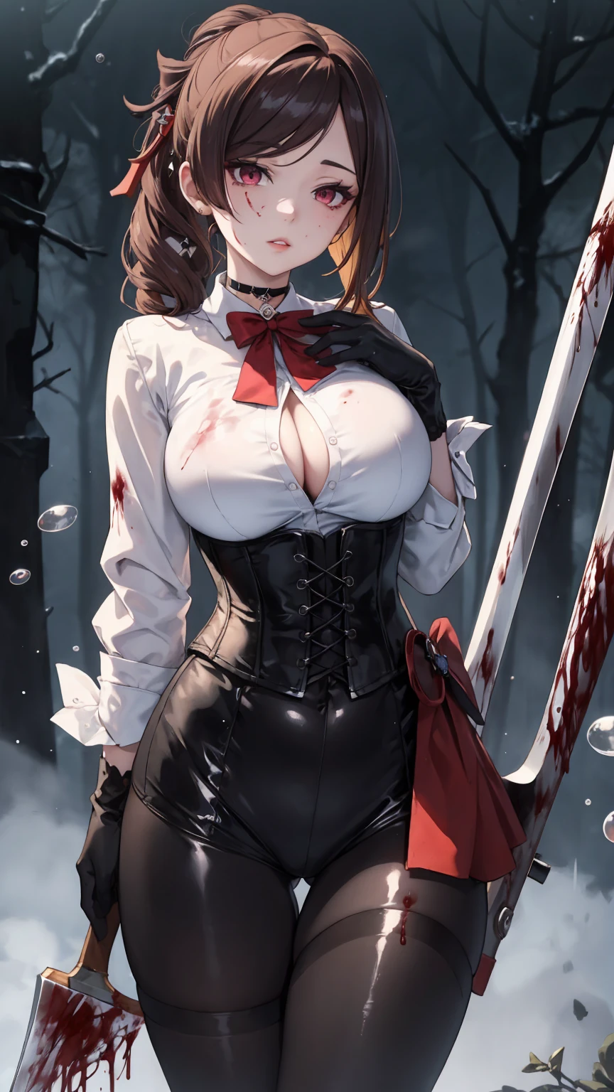 ((blood droplets)), ((blood)), ((blood splatter)), ((blood on clothes)), ((blood stain)), Masterpiece, Beautiful art, professional artist, 8k, Very detailed face, Detailed clothing, detailed fabric, 1 girl, Chiori \(genshin impact\), standing, perfectly drawn body, big breasts, shy expression, pale skin, beautiful face, long black hair, Blue eyes, very detailed eyes, pink cheeks, choker:1.6, (white collar button down long sleeve shirt), black gloves, gloves that cover hands, (holds an ax with his right hand), (black leather corset), (shiny black leggings), Sensual Lips , evening de invierno, show details in the eyes, looking at the viewer, Dark road, dark forest, evening, Atmosphere, fog