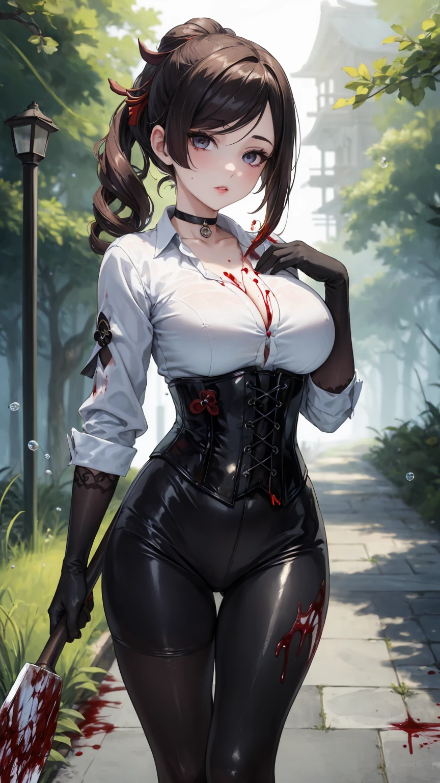 ((blood droplets)), ((blood)), ((blood splatter)), ((blood on clothes)), ((blood stain)), Masterpiece, Beautiful art, professional artist, 8k, Very detailed face, Detailed clothing, detailed fabric, 1 girl, Chiori \(genshin impact\), standing, perfectly drawn body, big breasts, shy expression, pale skin, beautiful face, long black hair, Blue eyes, very detailed eyes, pink cheeks, choker:1.6, (white collar button down long sleeve shirt), black gloves, gloves that cover hands, (holds an ax with his right hand), (black leather corset), (shiny black leggings), Sensual Lips , evening de invierno, show details in the eyes, looking at the viewer, Dark road, dark forest, evening, Atmosphere, fog