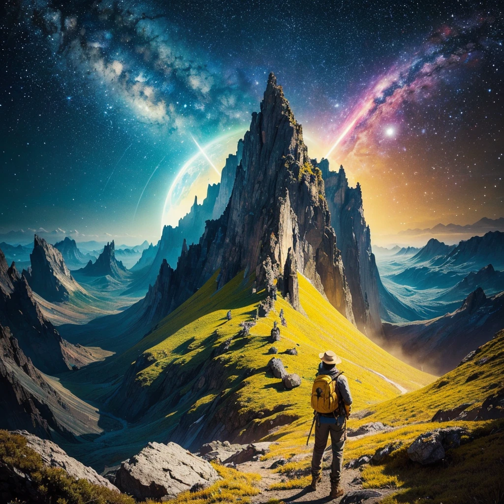Generate an image of an adventurer man wearing yellow clothes and holding a paintbrush and palette. Equip him with an adventurer-like hat and backpack, adding to his adventurous appearance. Set him in an unconventional and fantastical world, such as a surreal dreamscape where colors swirl and merge into fantastic shapes, or a cosmic landscape where stars and galaxies become part of his artistic canvas. Infuse the image with elements of wonder and creativity, showcasing his adventurous spirit and artistic vision in a unique and captivating environment. Capture the essence of exploration and imagination, creating a visually stunning and imaginative scene.
