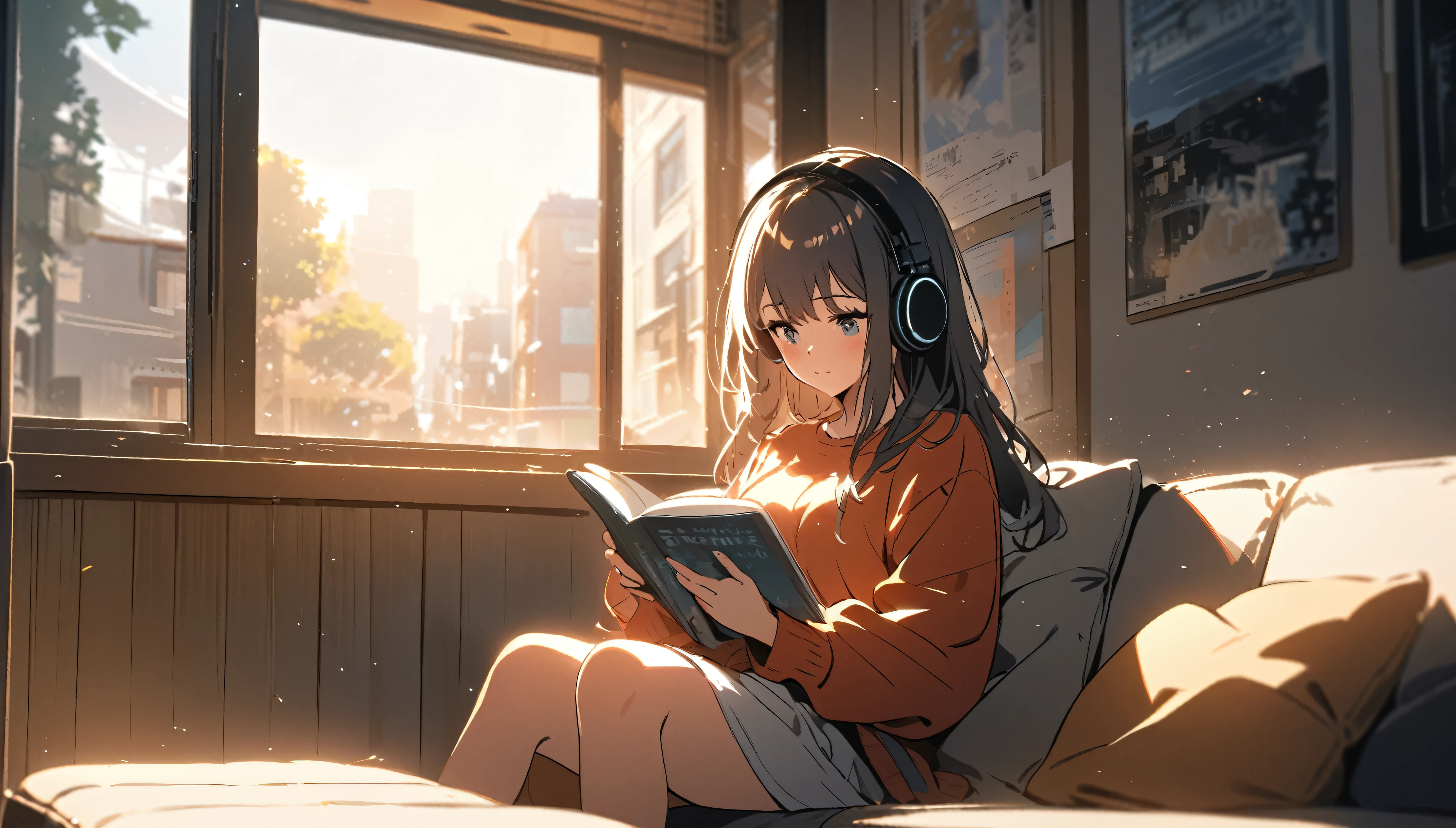 Girl sitting on sofa reading a book,In front of a large window,Morning sunlight,Streetscape、listen to music