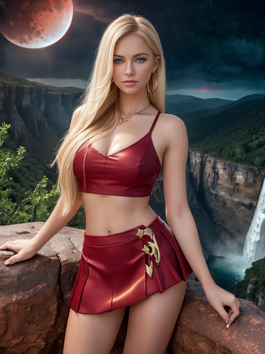 (Very realistic image), Centerpiece, masterpiece, (Ultra detailed), (High quality), (4k), complex, expert, Center, (volumetric lighting), beautiful, masterpiece, (ultra detailed girl), (ultra detailed landscape), (landscape  sharp), (sharp image).  (1 pretty girl alone), (1 sublime Russian girl aged 30), (Russian girl), (straight blond hair:1.5), (blue eyes:1.3), innocent face, (seductive smile:1.2), (large gold hoop earrings) , (pretty breasts), (plunge neckline), (red mini skirt:1.5), (black crop top:1.5), (gold jewelry). (on top of a mountain overlooking a magnificent landscape of waterfalls and lush forest at the bottom of a canyon:1.3), (storm and red lightning:1.6), (dark night:1.5), (darkness:1.5), (blood red moon:1.5), (low lighting). (sensual dynamic pose), (perfect body), (perfect anatomy), (perfect hand), (looks at camera:1.3), (cowboy shot), (upper half of the body view)