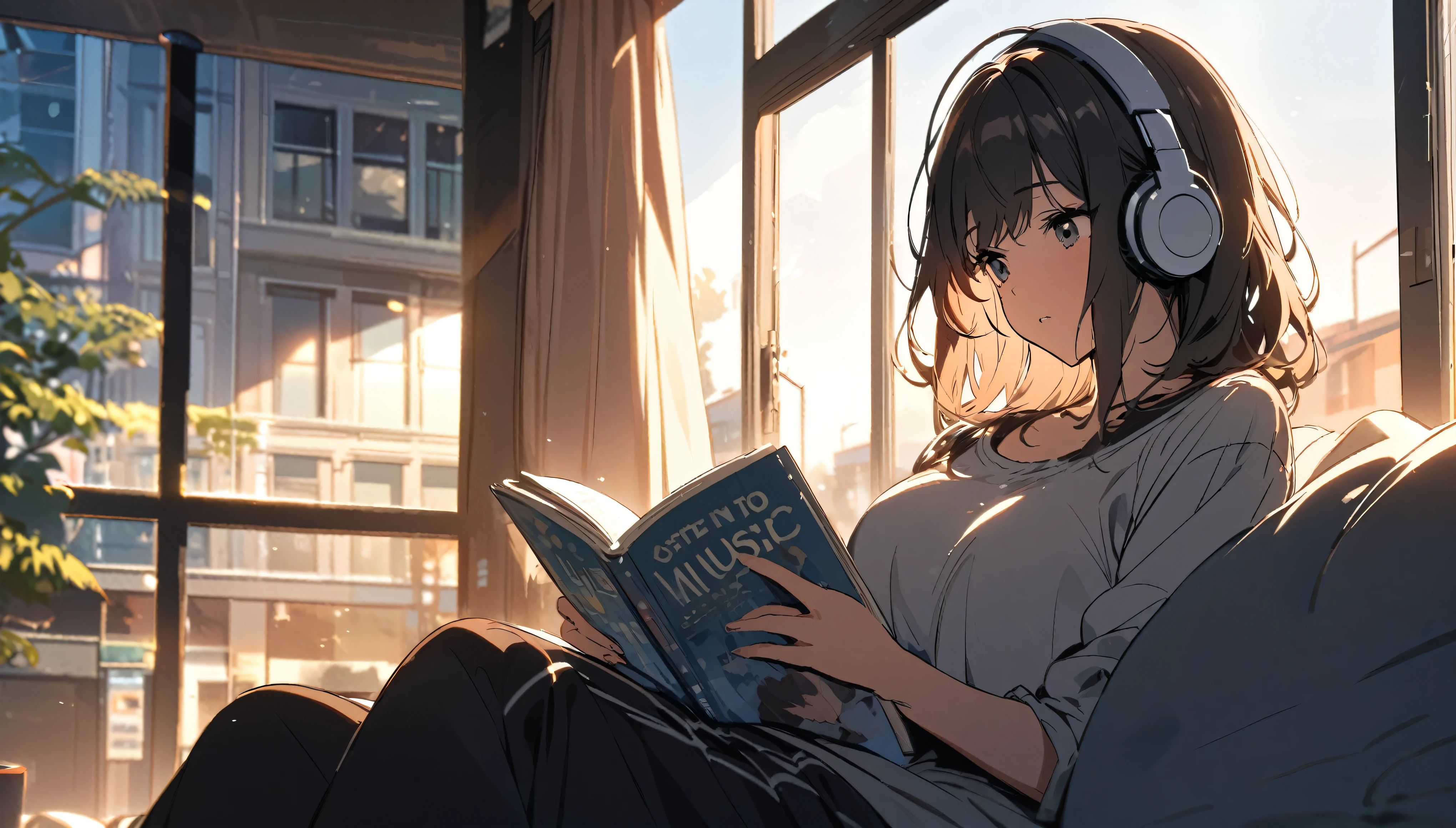 Girl sitting on sofa reading a book,In front of a large window,Morning sunlight,Streetscape、listen to music
