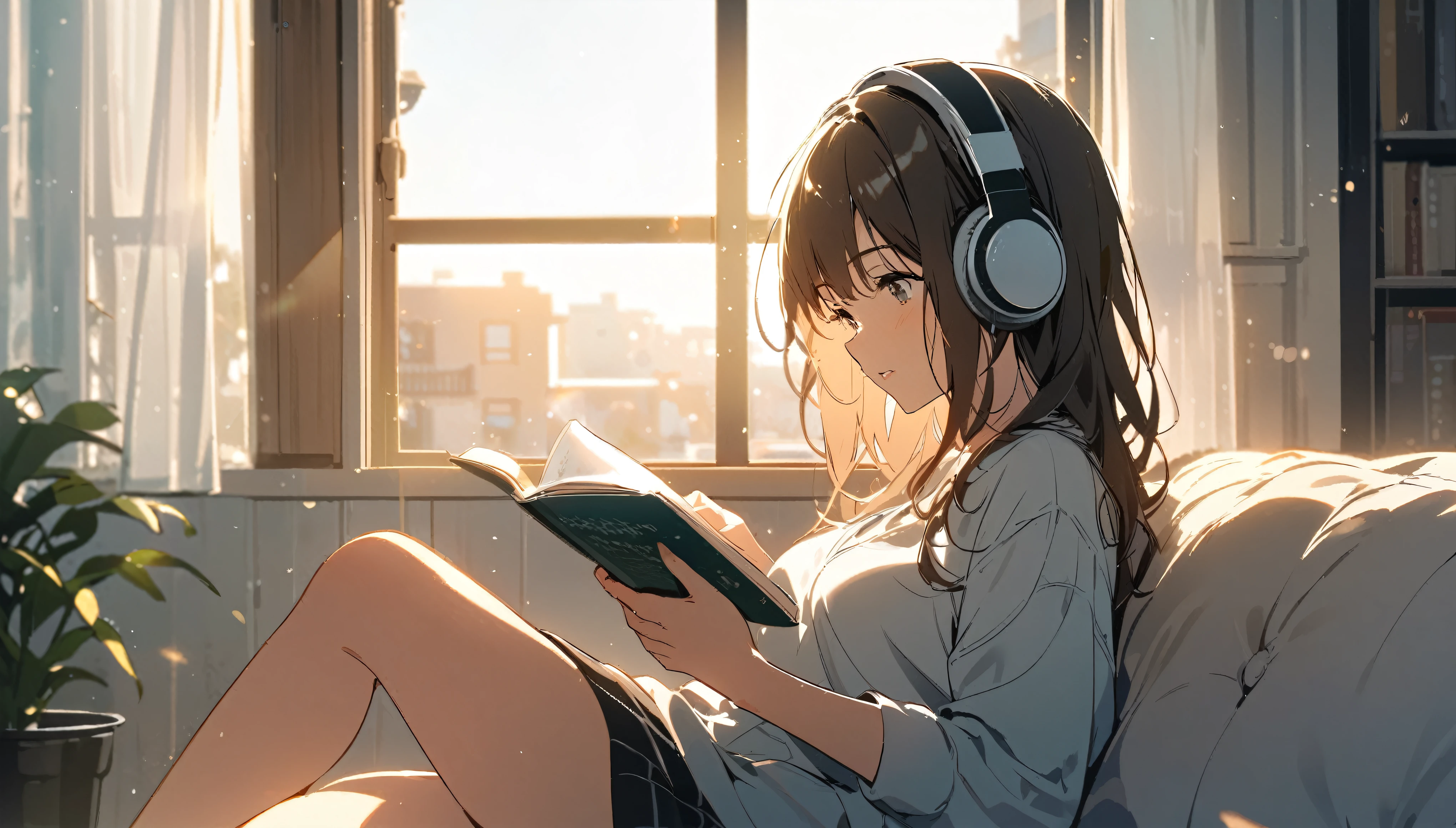 Girl sitting on sofa reading a book,In front of a large window,Morning sunlight,Streetscape、listen to music