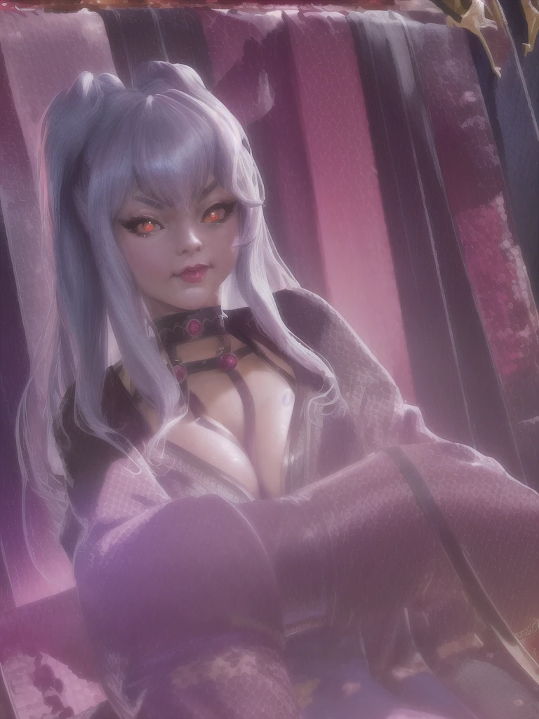 (masterpiece, best quality:1.2, NSFW), intricate details, blood moon evelynn, 1girl, oni horns, japanese clothes, choker, cleavage, hair ornament, mask, naked, showing pussy, showing , ahegao, creampie, hentai, mature woman, milf