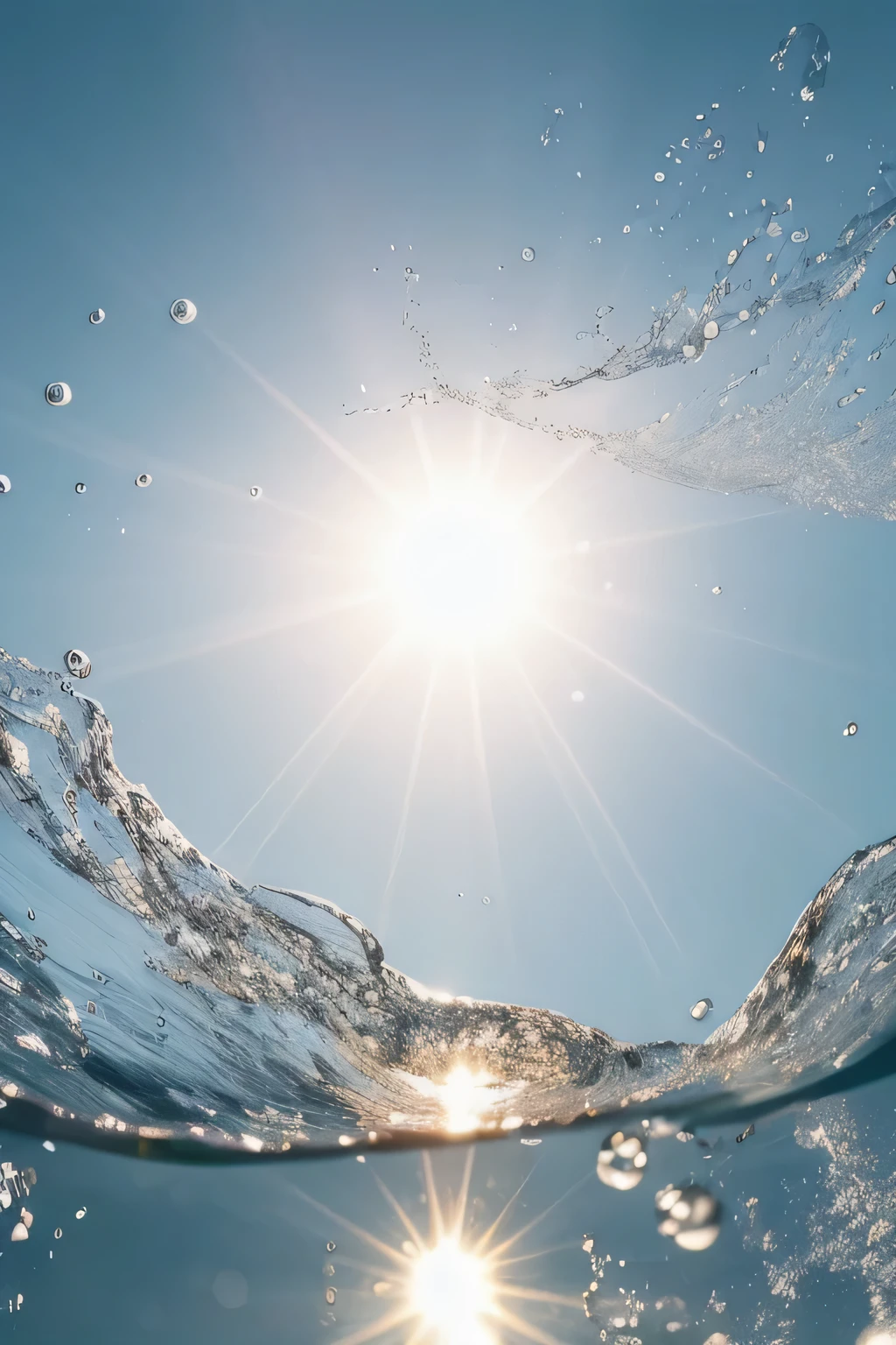 Elegantly photographed from underwater in clear water, Small depth of field,The Art of Minimalism,Capture the excitement、The essence of an inspiring moment. The surface of many bubbles,Sparkle in soft sunlight, Reflecting sunlight,Create a sense of movement, Realistic images. Flowing blurred water background adds a sense of motion and energy, Making it a stunning dynamic shot.Award-winning works,Hyperrealism style uses vibrant and attractive magazine style, This macro photography masterpiece showcases the beauty and charm of nature's tiniest wonders. The high-definition, detailed and realistic skin adds to its irresistible appeal, Make it an extraordinary experience