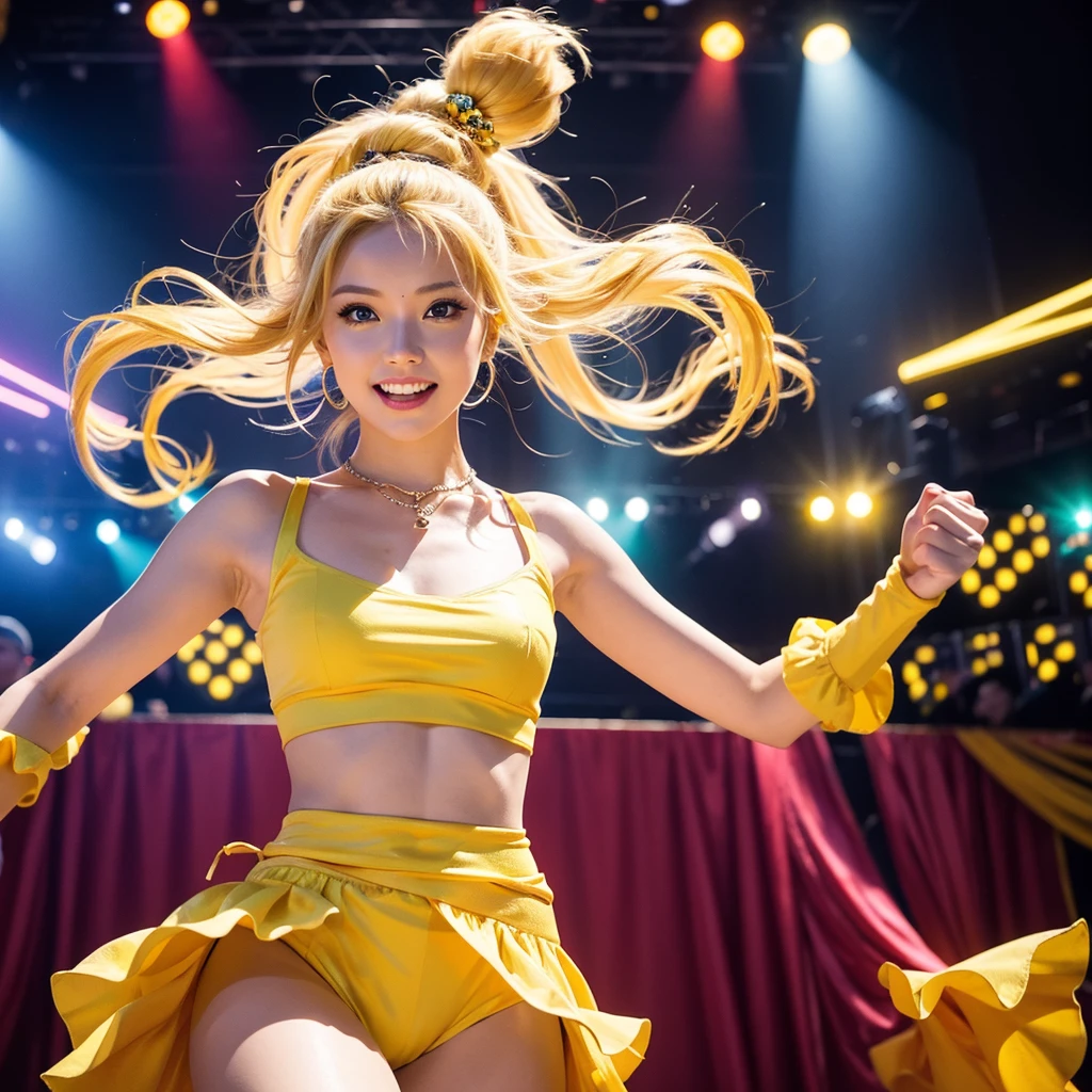Generate an image of a blonde woman wearing flashy yellow clothes and holding maracas while dancing. Set her in a vibrant and energetic performance setting, such as a lively stage with colorful lights and cheering audience, or a festive event with music and dancing. Capture the charisma and excitement of her performance, showcasing her passion for entertaining and engaging with the crowd. Enhance the image with elements that symbolize entertainment and energy, creating a visually captivating and dynamic scene.
