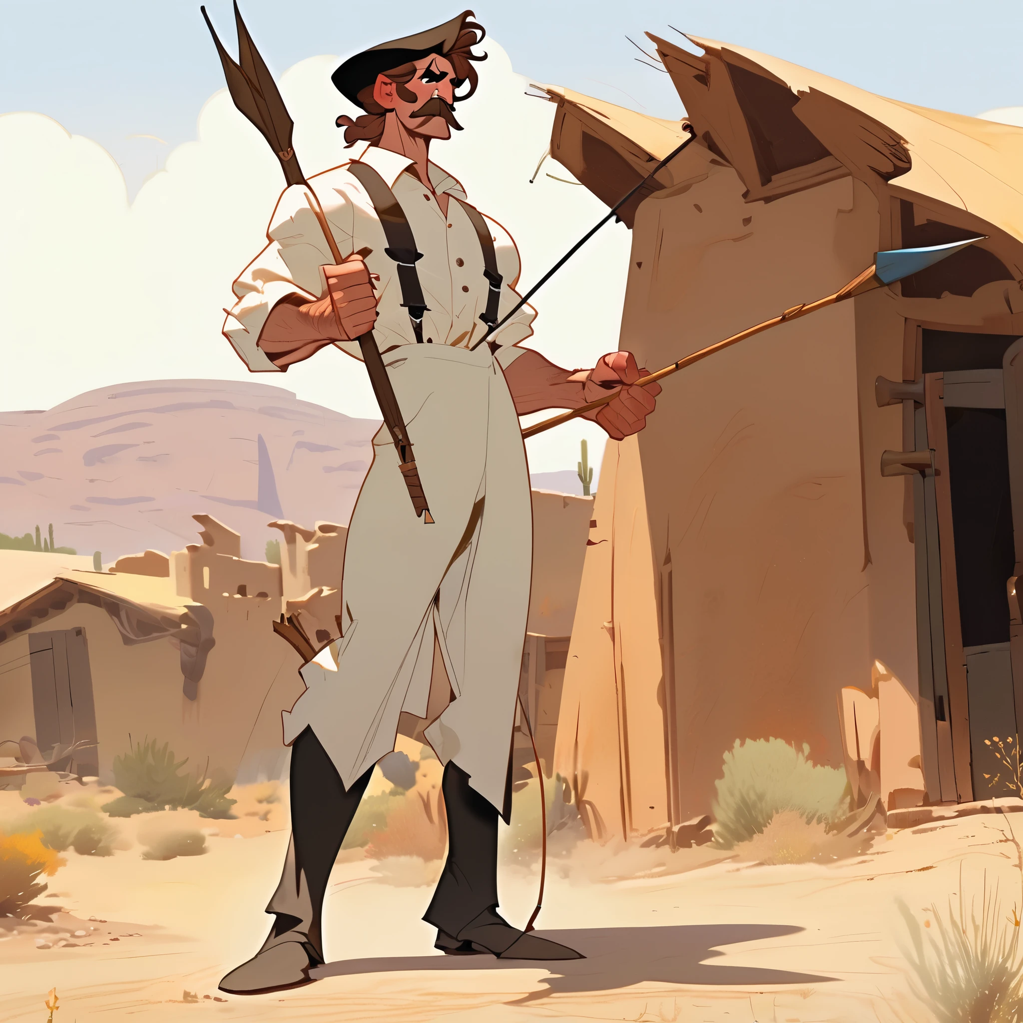 1man, Western, Brown wavy hair, strong Body, white dress shirt with, black suspender,black pants patched, Beret, big franch mustache, Arrogant, young adult, Muscular, full body, Holding a bow and arrow, Farm in the desert, Stable