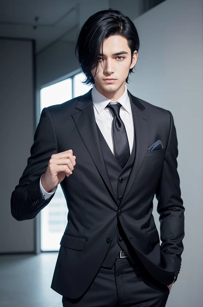 Man in suit, sexly, with black hair, eyes black, アニメ,