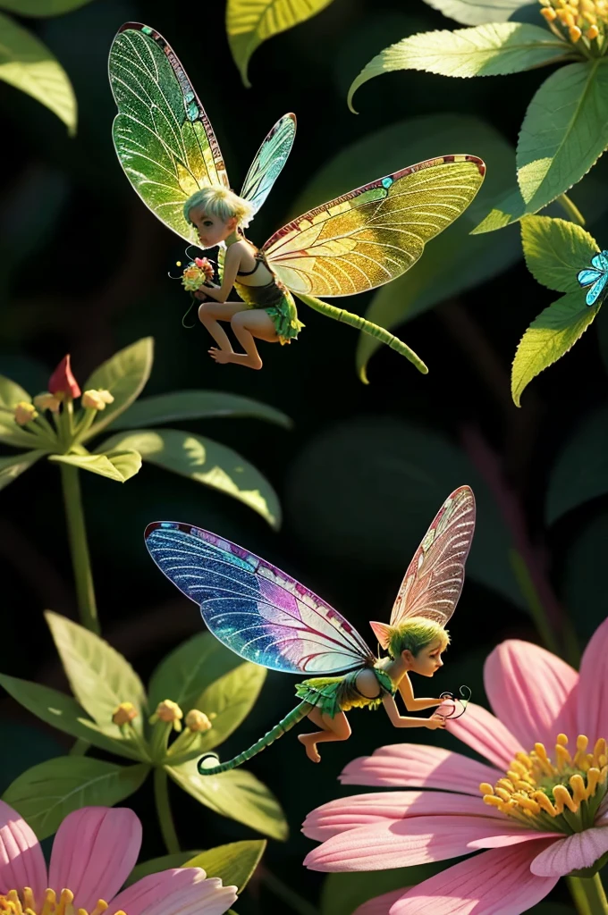 tiny pixie fairy with dragonfly wings on a giant flower in a garden bright morning sunlight (zrpgstyle) (masterpiece:1.2) (best quality:1.2) (detailed) (intricate) (8k) (HDR) (cinematic lighting) (sharp focus)