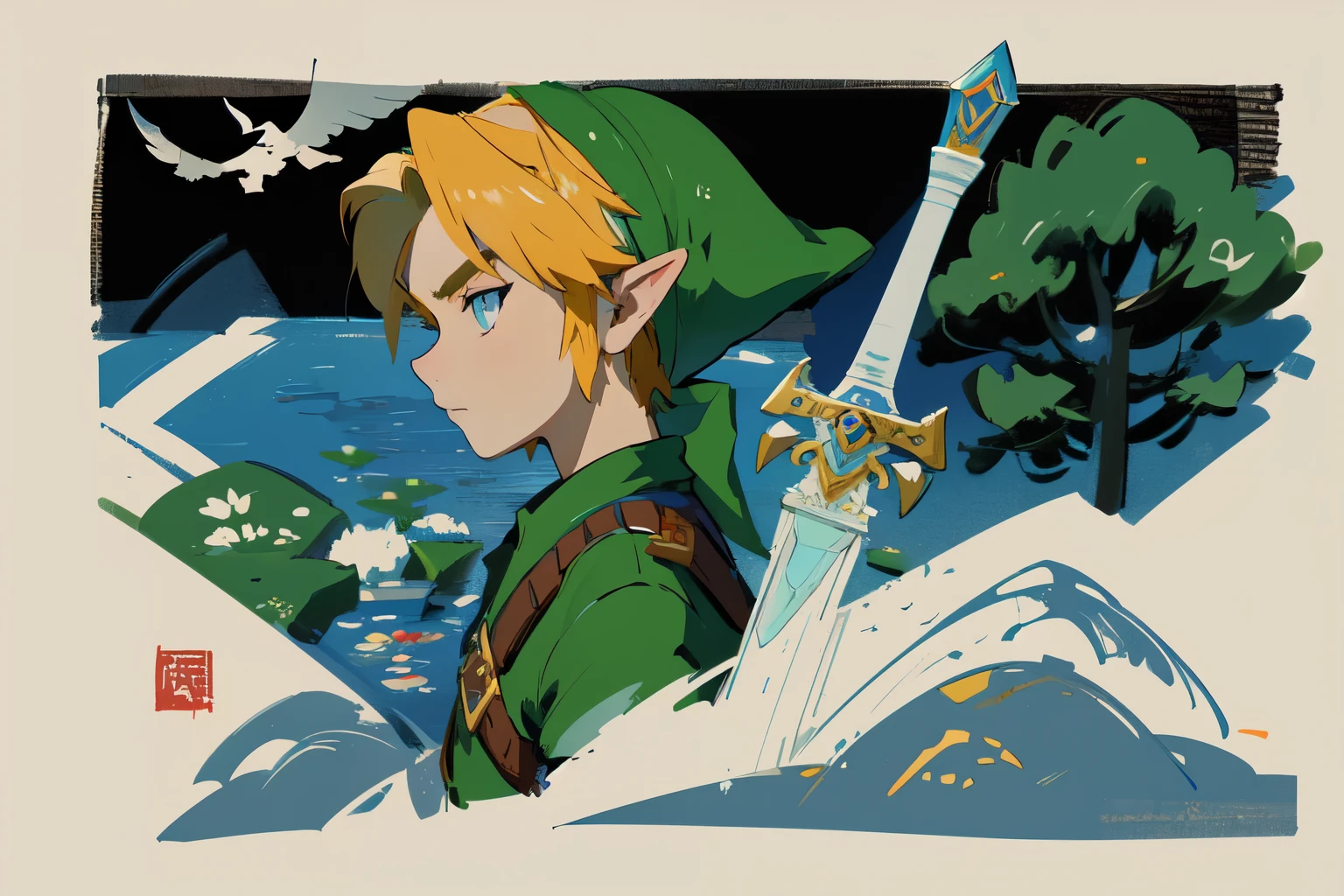 Impressionism,Rainerism,The Legend of Zelda, Hero Link with the Master Sword in hand、A scene looking out over the land of Hyrule。In the background is a vast grassland and Death Mountain in the distance.、There&#39;s a bright light in the sky。Link looks brave.、Confident。
